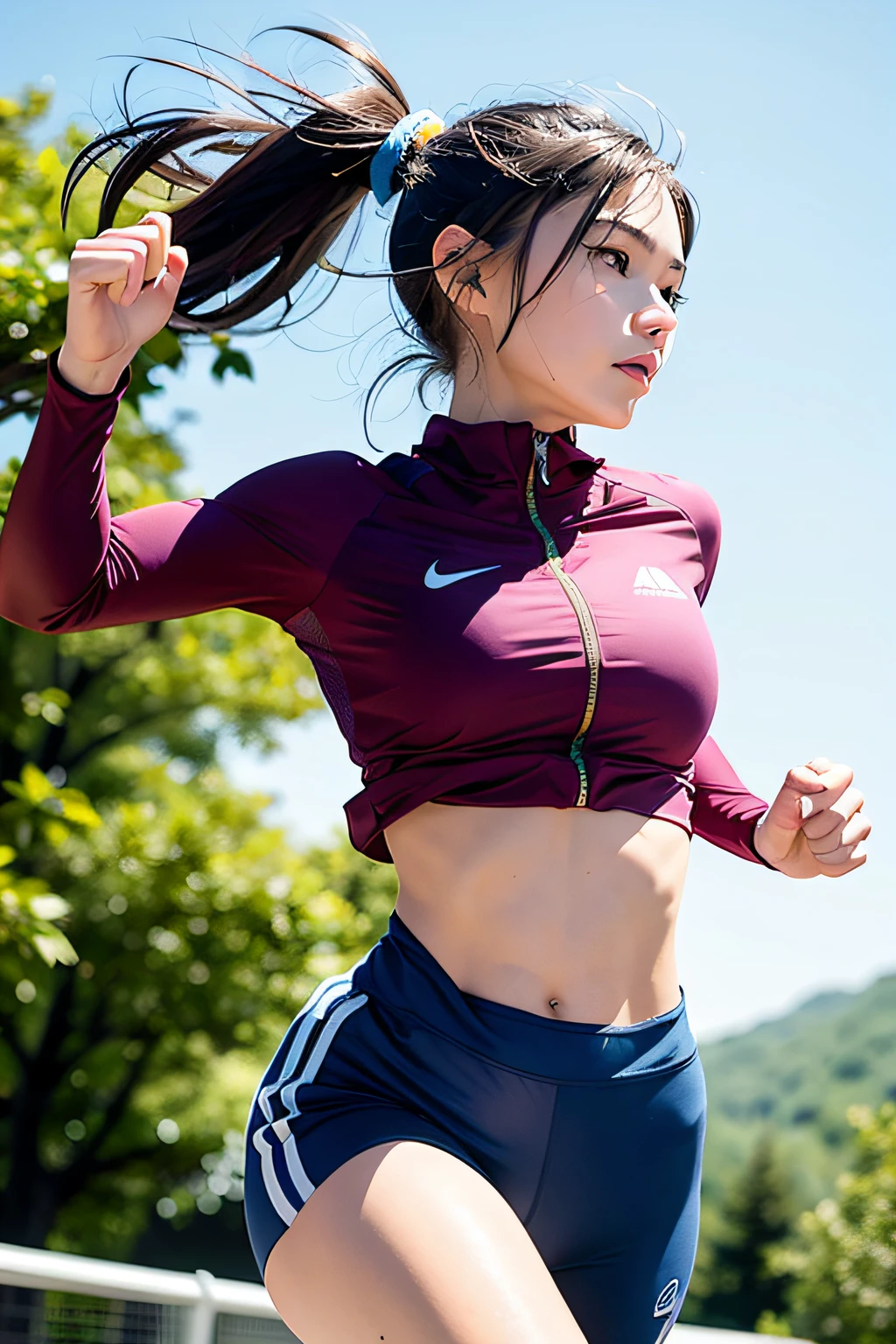 1 girl, solo, running, Gray Track Top, pink shorts, ponytail, athletic build, dynamic brushstrokes, fluid movement, capturing the essence of her athleticism and energy, using light colors and soft tones to create a dreamy and ethereal atmosphere, portraying the motion and grace of running, showing the wind blowing her ponytail and clothes, and the scenery of her surroundings.
outdoors, detailed background, Modern metropolis,