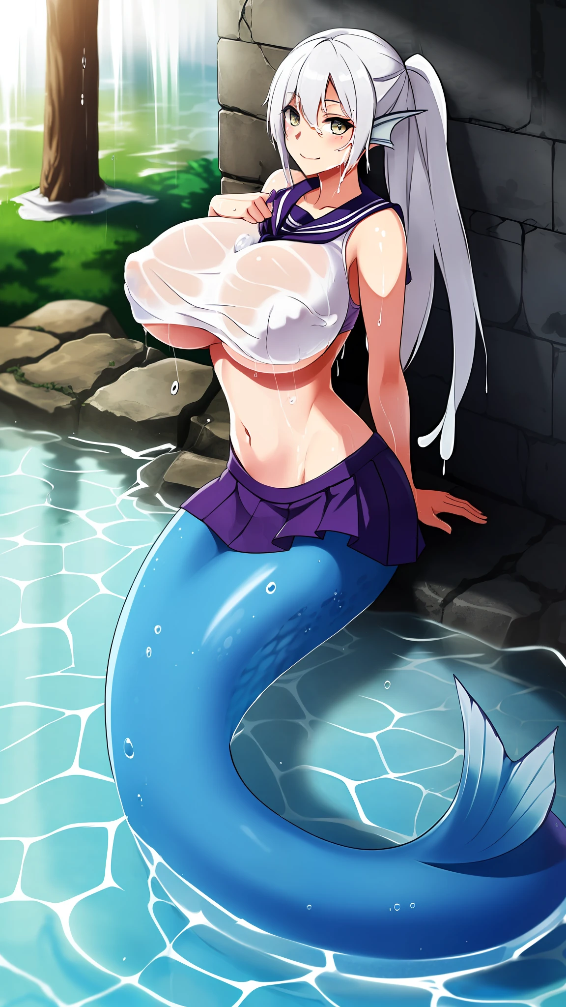 (masterpiece), ((best quality),smile happily,looking at viewer,(soaked serafuku),(white_hair),(from side),(mermaid),(slime lamia),(slime mermaid),(delicated fins),colorful,full body,(covered_nipples:1.7),(gigantic breasts:1.7),(red skirt),(midriff_peek:1.5),(arms support),raining,on wet stone,sunlight,solo,highres,on stomach,under stone wall,(soaked stomach:1.7)