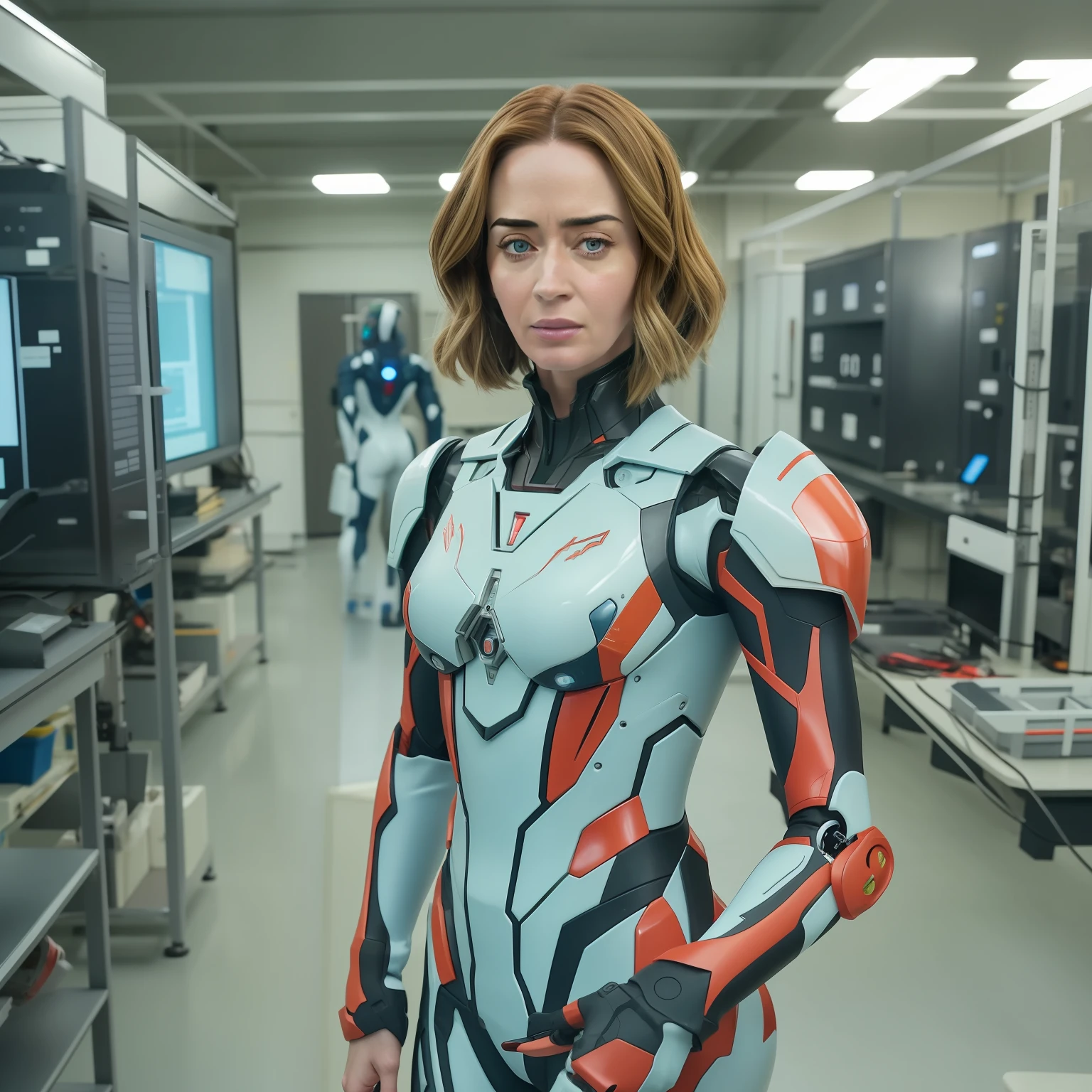 actress Emily Blunt in Evangelion costumes in a robotics lab