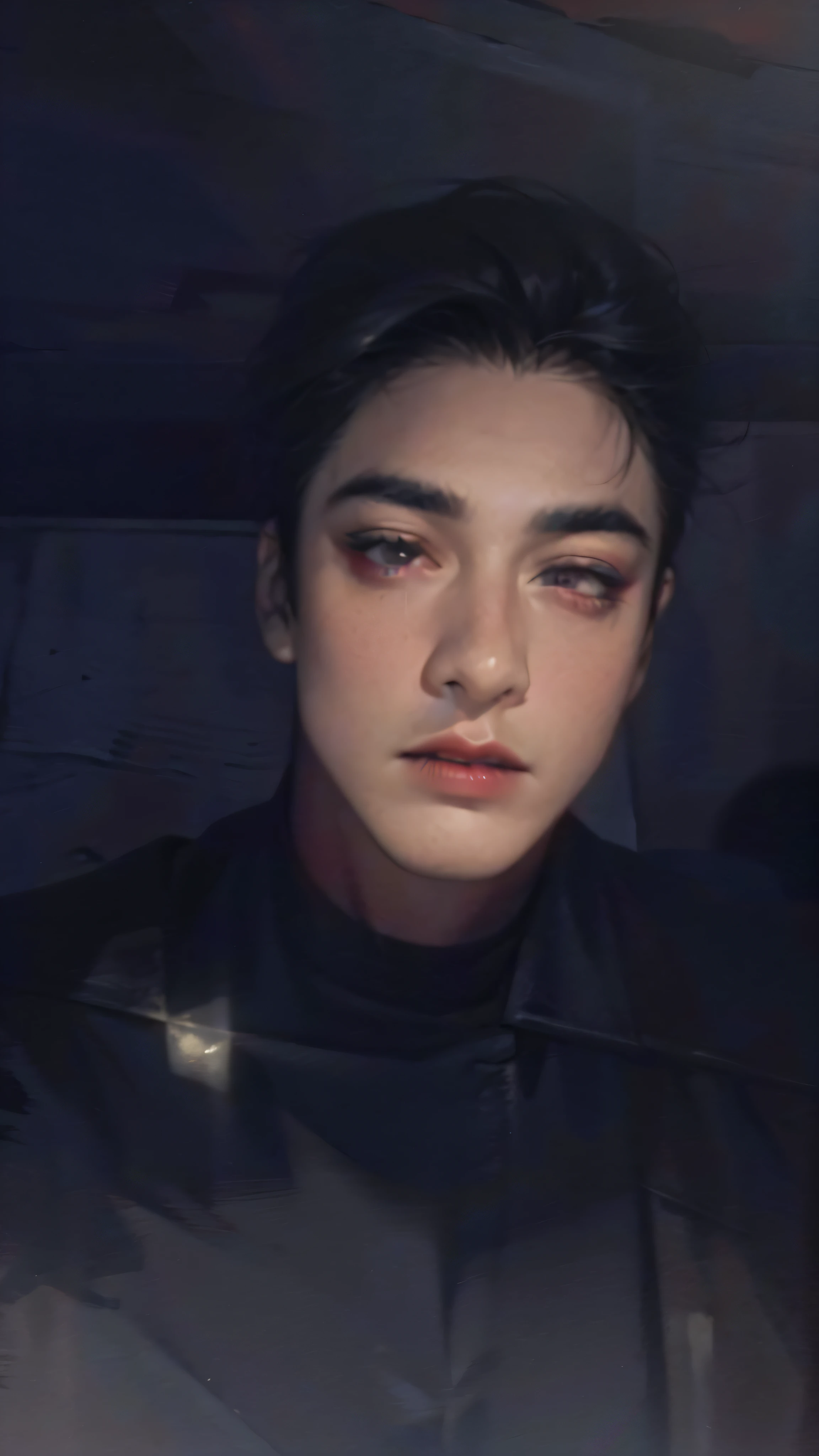 1boy, (close-up face, Masterpiece, Best quality:1.2), 8K, offcial art, absurderes, Gothic, studded black leather jacket and choker, pierced earrings, (smokey red eye shadow with glitter, glazed pinkish red lips:1.1), (Very dark red background:1.4), hdr, facelight, Ultra photo realsisim, A high resolution, Photography, cleavage, filmgrain, color difference, Sharp focus, hdr, facelight, Dynamic lighting, Cinematic lighting, professional shadow, dark shadow, highest details, extreme detailed details, Ultra detailed, finedetail, Real skin, Delicate facial features, Detailed face and eyes, Sharp pupils, Realistic pupils, (Black hair:1.4)