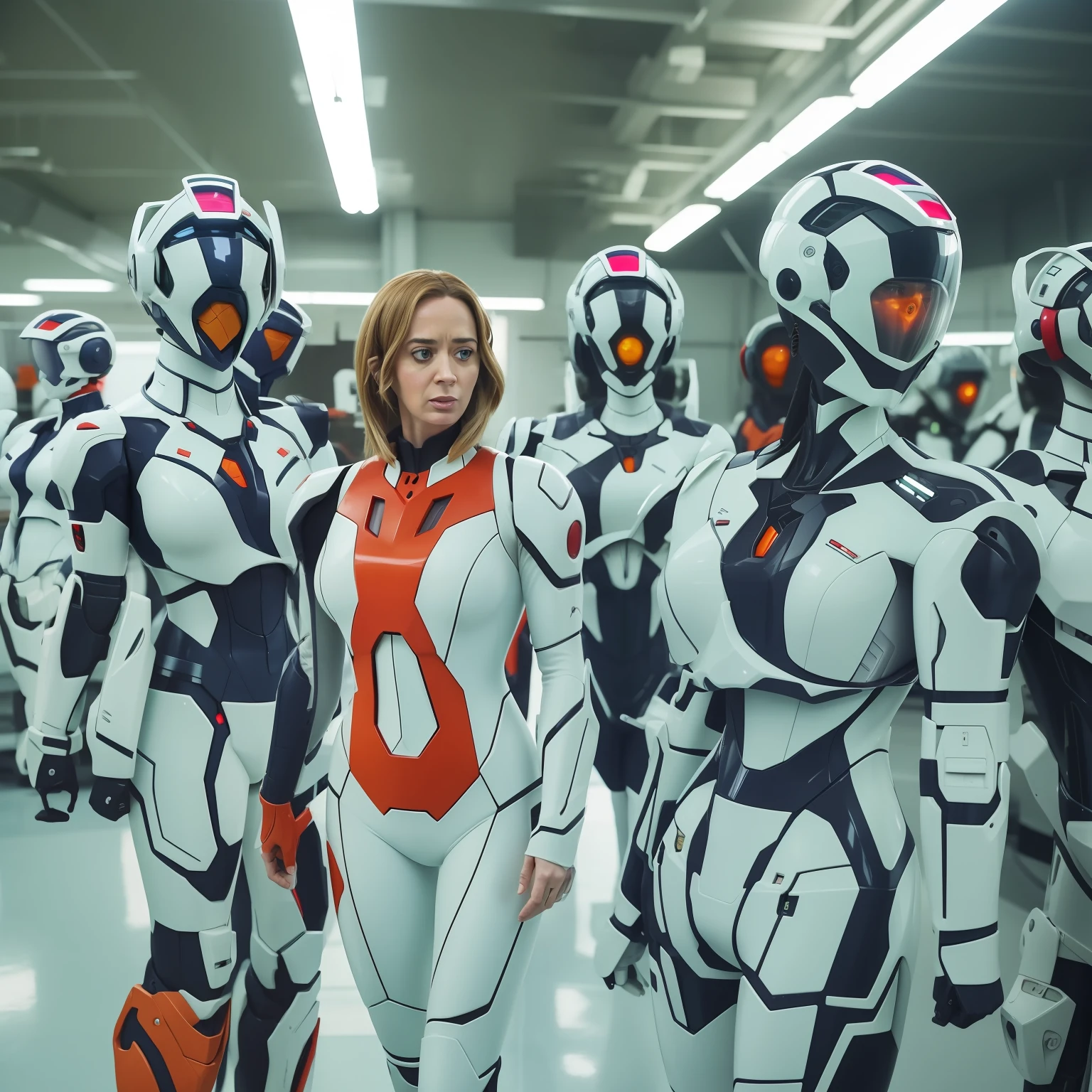 actress Emily Blunt in Evangelion costumes in a robotics lab
