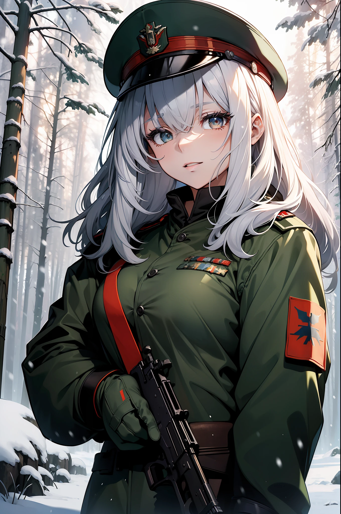 (masterpiece:1.5) (bestquality) highlydetailed ultra-detailed pale light intense shadows in the rain sunny day in the forest (Sovietunion : 1.2) (soldier : 1.5) (Redarmy : 1.5) (uniform : 1.2) (hat:black hat:red star:0.8) (rifle:1.2) brave expression on their faces (snow : 0.8) victory pose in the snowy battlefield