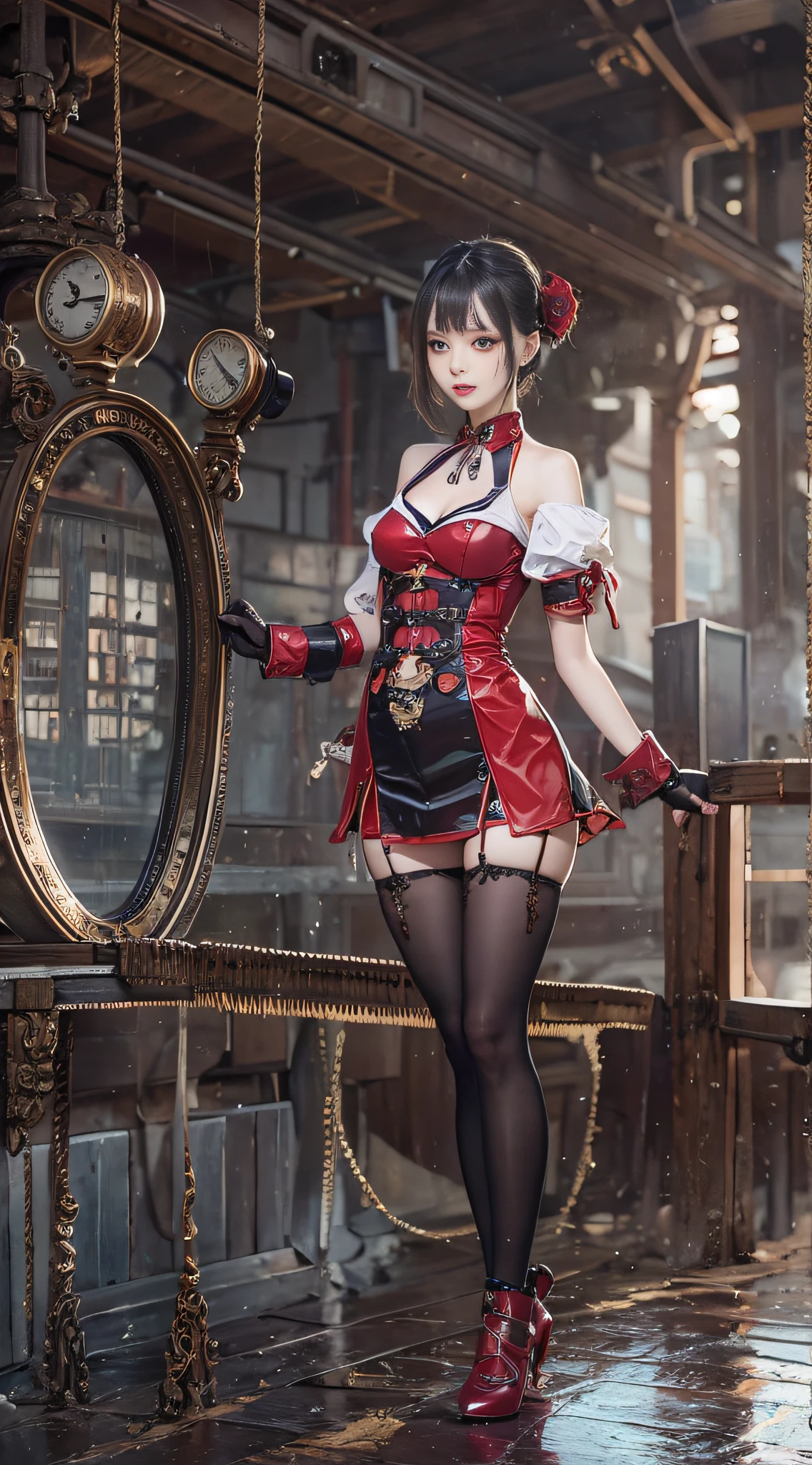 Sexy 21 year old cool Korean posing in red cheongsam and black garter, chinese clothes,, The beauty of steampunk anime, a steampunk beautiful goddess, Jeizuo, magnifica, viewer, Realistis, Full body camera view, Kneeling, Squatting, Bold, tall, Forced real water, See-through mini shirt with less white fabric, White see-through string, Less steampunk, Very detailed, Beautiful eyes of cosplay details, long eyelashes, Nice double eyelids, eye shadow, Narrow eyes, Three white eyes, Dark Eye Makeup, Evil smile, Thin, Beautiful legs, Tie short hair back, Bad face, Rolling eyes, Blushing, water running in mouth, Sticky tongue, Vaginal orchid, Vaginal discharge, Squirting, (((Very small breasts))), Grasp your breasts with both hands, Spread legs, sexual excitement, Sex Expressions, Bare skin