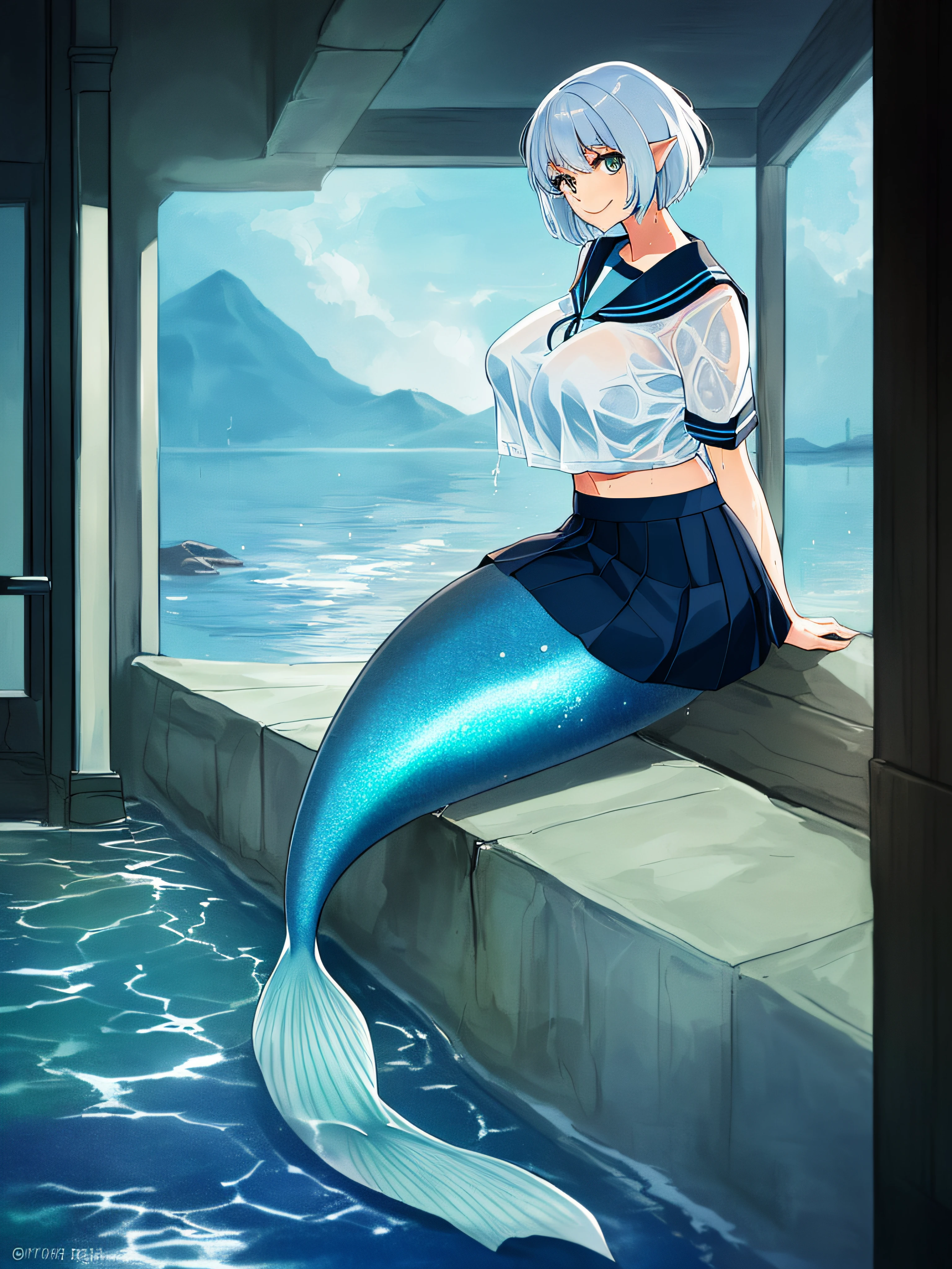masterpiece,((best quality),smile happily,looking at viewer,(soaked serafuku),(white short hair),(from side),(mermaid),[slime mermaid],(skirt:1.2),(sitting on ground),colorful,full_body,(covered_nipples),(gigantic_breasts),(midriff_peek),insides,in a room,in the corner,cold,full body