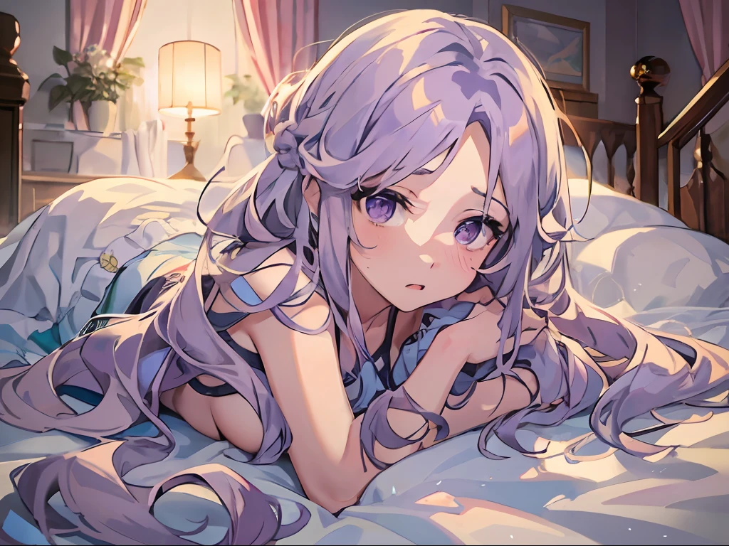 Best quality, tmasterpiece, A -yeld giLong light purple hair and purple eyes,Curled up on a shabby bed covered with a thick quilt,The expression is scared and pitiful,Clear facial features,In a shabby bed