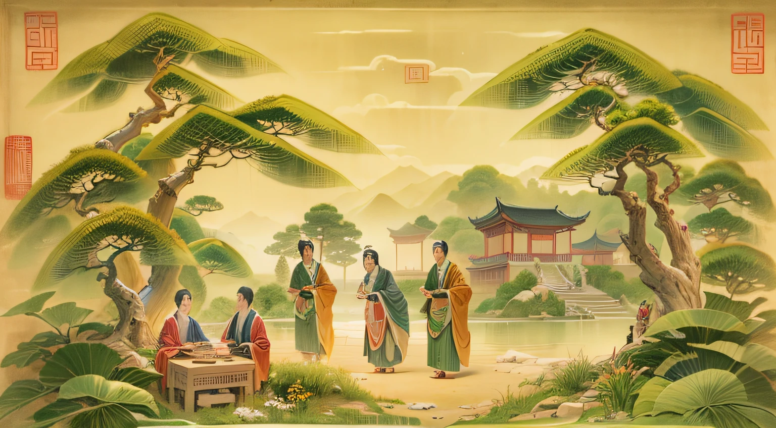 A landscape painting of human figures ,Ancient Chinese style,with ancient chinese aesthetic,the Tang Dynasty,Ancient poet,Highly detailed