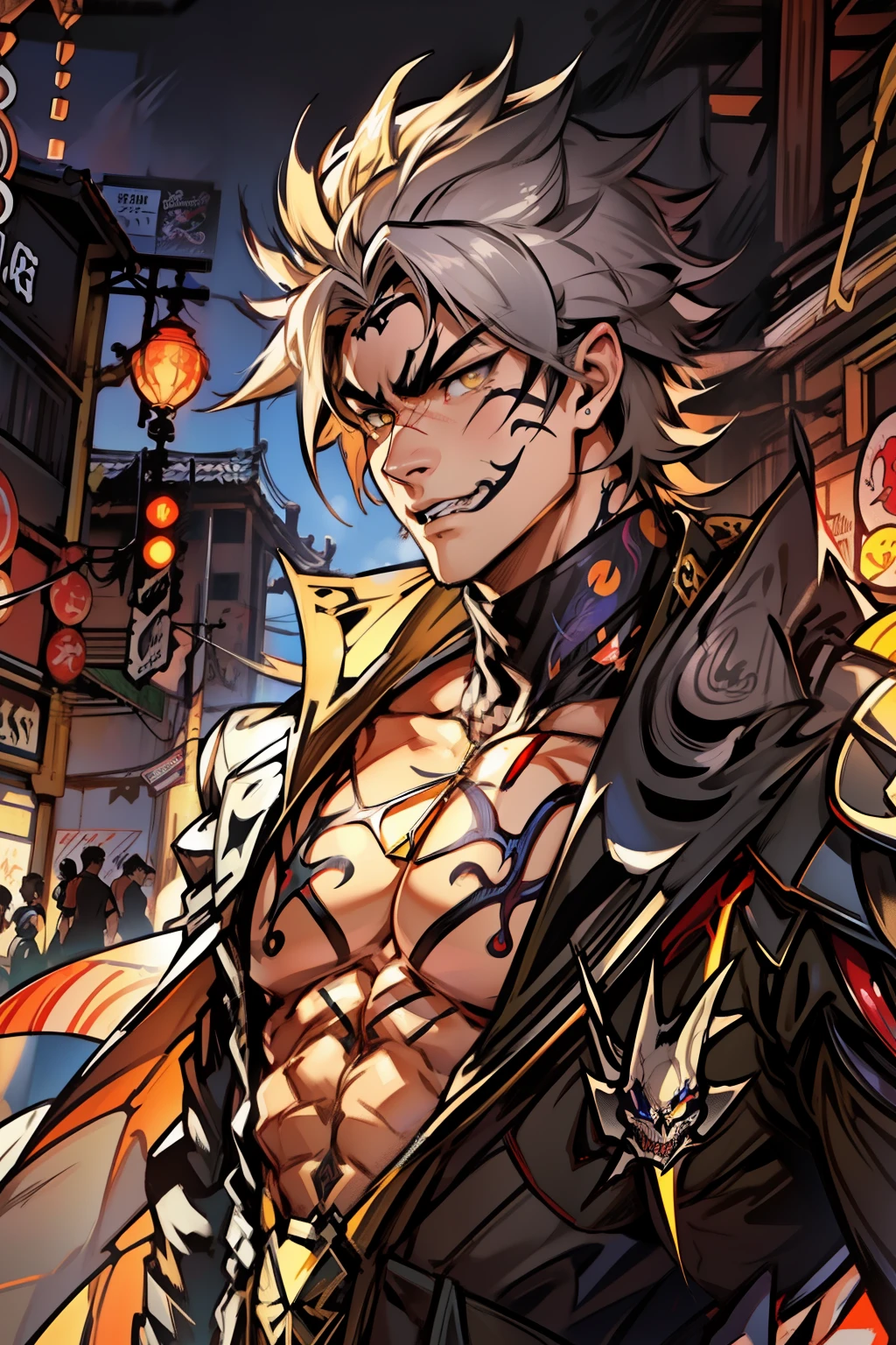 《the original god》Arataki Kazuto , male people，，((Masterpiece)), ((Best quality)), Ultra detailed,((illustration)), Dynamic Angle, Detailed light, (Delicate eyes), Floating, 1boy, Male focus, Head, Clothing, Yellow eyes, necklace, tattoo, (Forehead:0.8), (ahoge:0.8), jewelry, apathy，Ray， chest muscle， Sexy , Venom symbiote for your body, Black mucus of the body , （into venom）, Venom，frontage，style of anime4 K， 4K anime wallpaper， Badass anime 8 K， 4 k comic wallpaper， young anime man， Anime boys， Anime wallpapers 4 k， Anime wallpaper 4K， High quality anime art style， Anime moe art style， Anime art wallpaper 8 K， Anime art wallpaper 4 K， RGB lighting