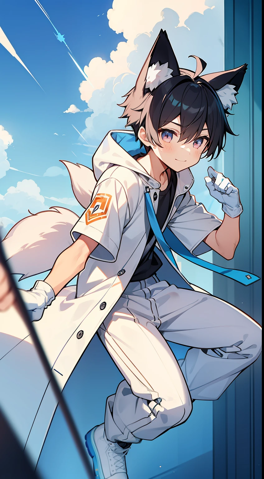 Game CG，((younge boy))，juvenile sense，Anime male protagonist，Wolf ears，Beast tail，ssmile，goggles，Look ahead，White and blue short-sleeved hooded trench coat，White half-finger gloves，white sweatpants，Blue racing boots，Superpowers，Jump down from a height，Floating in mid-air，Hands raised，Bend your legs，Full body like，Side view