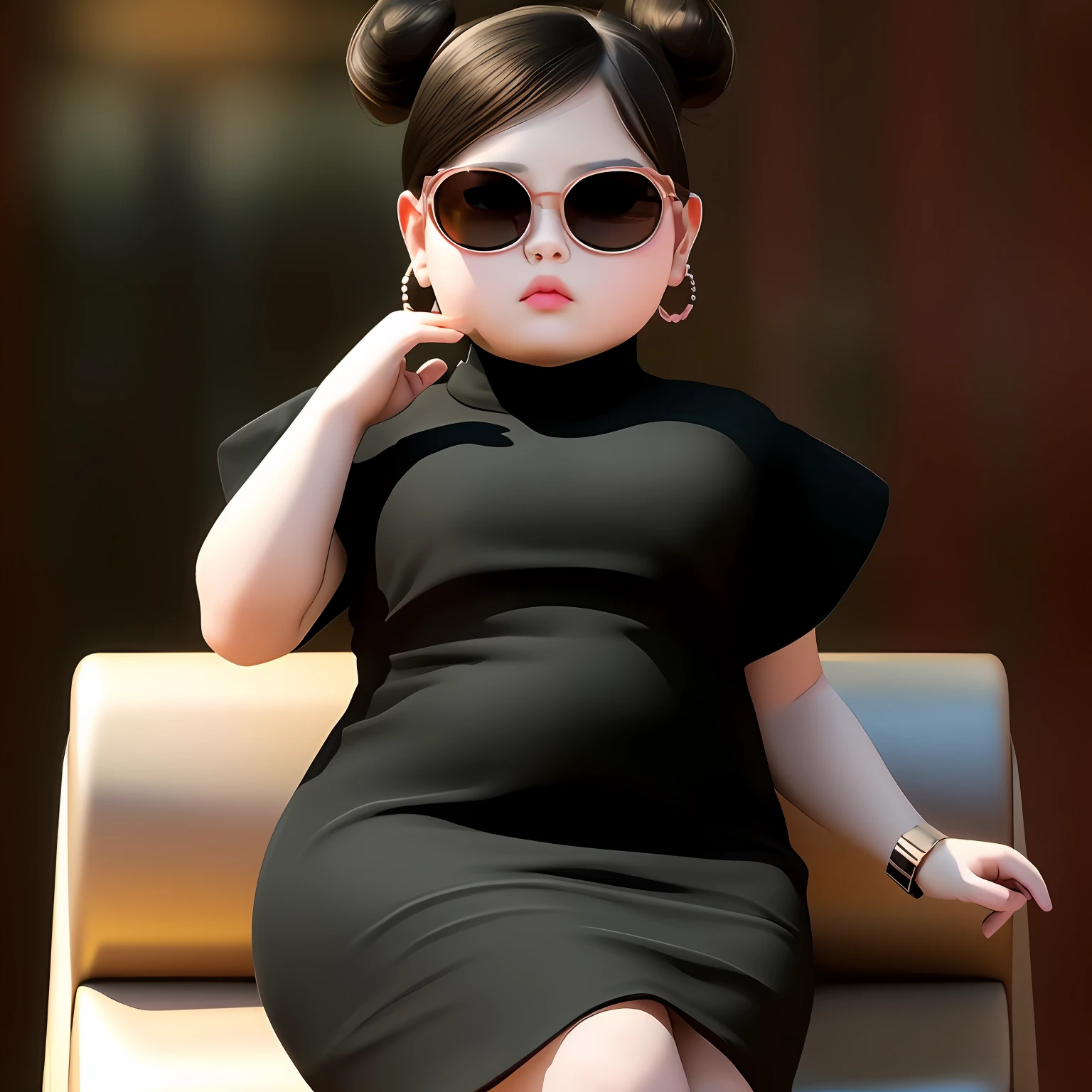 There was a young girl sitting in a chair wearing sunglasses, cute elegant pose, pouty look :: rendering by octane, cute 3 d render, Elegant girl, Guviz-style artwork, Young and cute, lovely digital painting, Chinese girl, adorable digital art, Serious look, Korean girl, Cute woman, With sunglasses, Asian girl, young girl, Cute girl