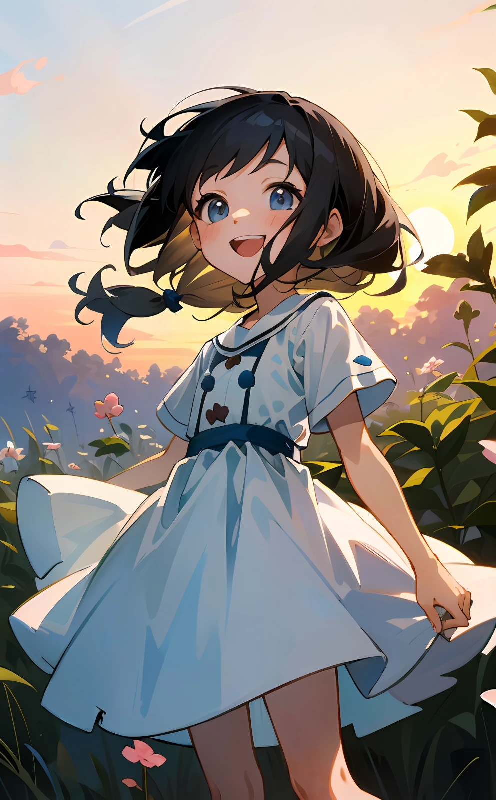 Happy girl,Wear a short-sleeved dress,Look up at the sunrise with a smile,Cartoon version