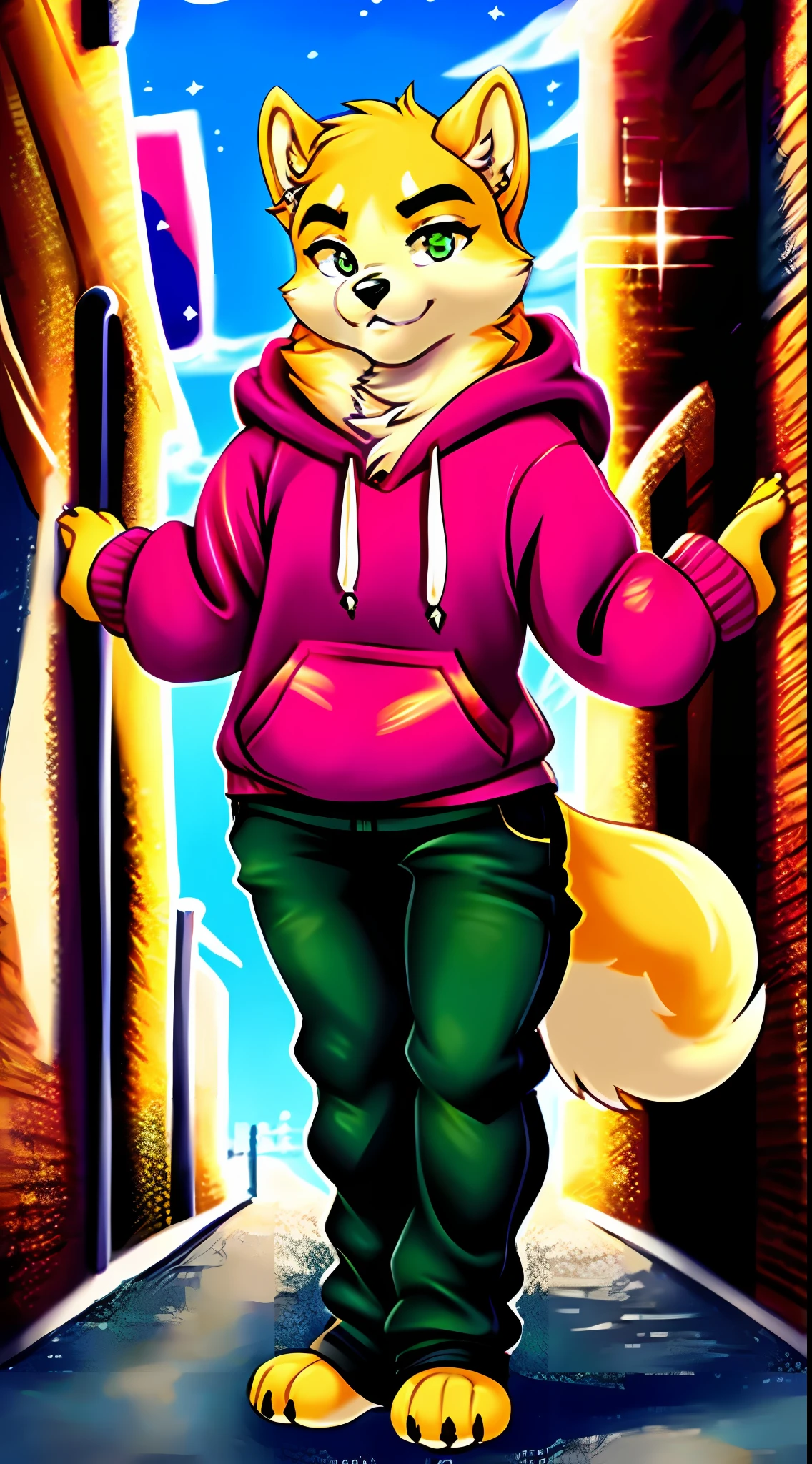 tmasterpiece,best qualtiy,The furry Shiba Inu boy soloes,On hoodies and pants,Green pupil eyes,With Mari eyebrows,Orange and yellow fur,Look at the audience,Rich fur and fluffy tail,The background presents a detailed alley scene。