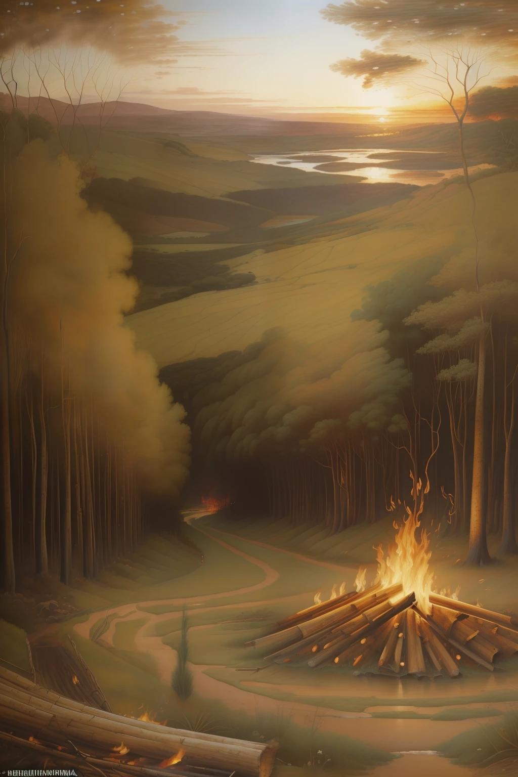 "(((Pre-Raphaelite landscape painting of a large bonfire, chamas, fogo, floresta em chamas, fire))). (((nenhuma figura humana)))"