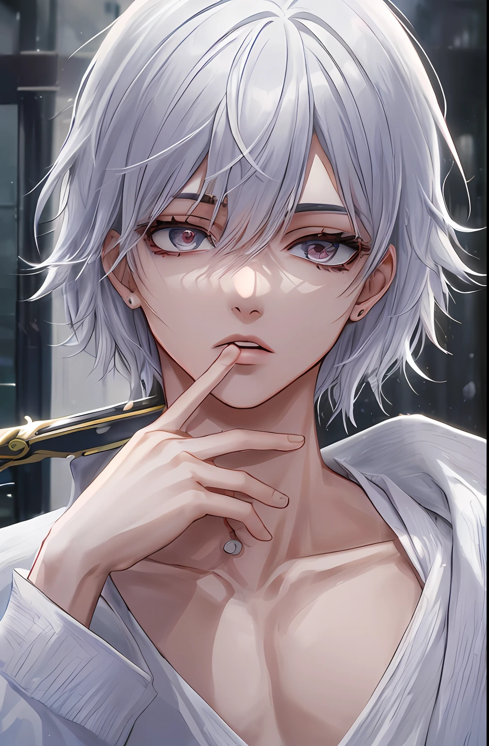 kk, melhor qualidade, mais detalhes, obra-prima, 1boy, kaneki ken, retrato, foco masculino, olhos vermelhos, solo, franja, olhando para o espectador, capuz, sword, cabelo curto, chuva, tokyo tokyo \(cidade\), capuz, nail polish, cabelo branco, luxuoso, 8k, detalhado, ray tracing, profundidade de campo, cinematic lighthing,