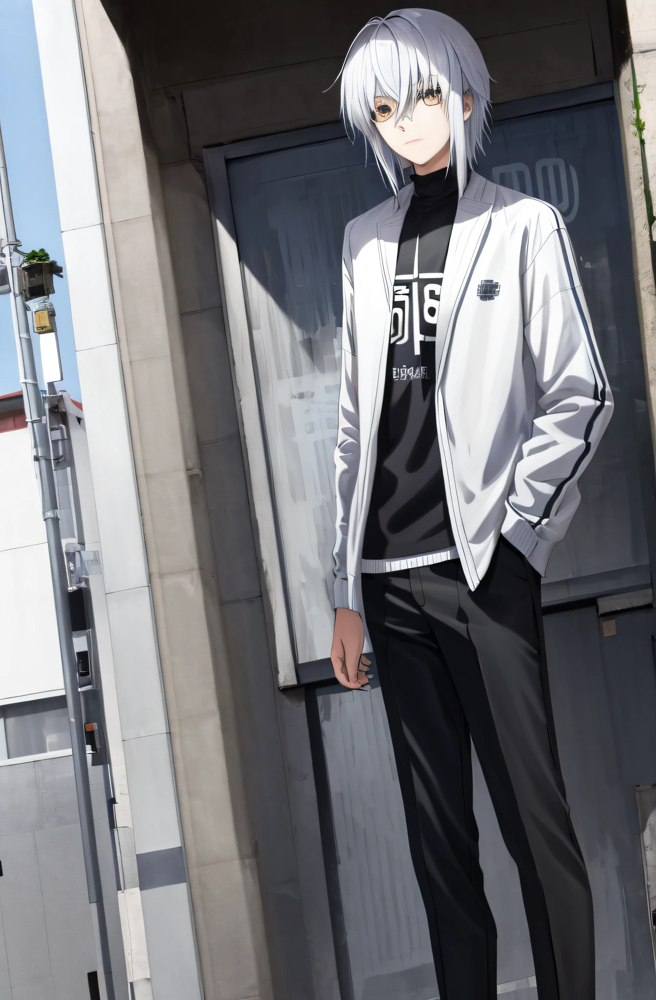 Male high school students: Silver hair,short detailed hair , Asymmetrical hair,By bangs, White eyes, Bored,Rock musician Moe anime style, hyper HD, High details, Best quality, A high resolution,Height 185,Strong,Lower north wear,the street,Back a keyboard