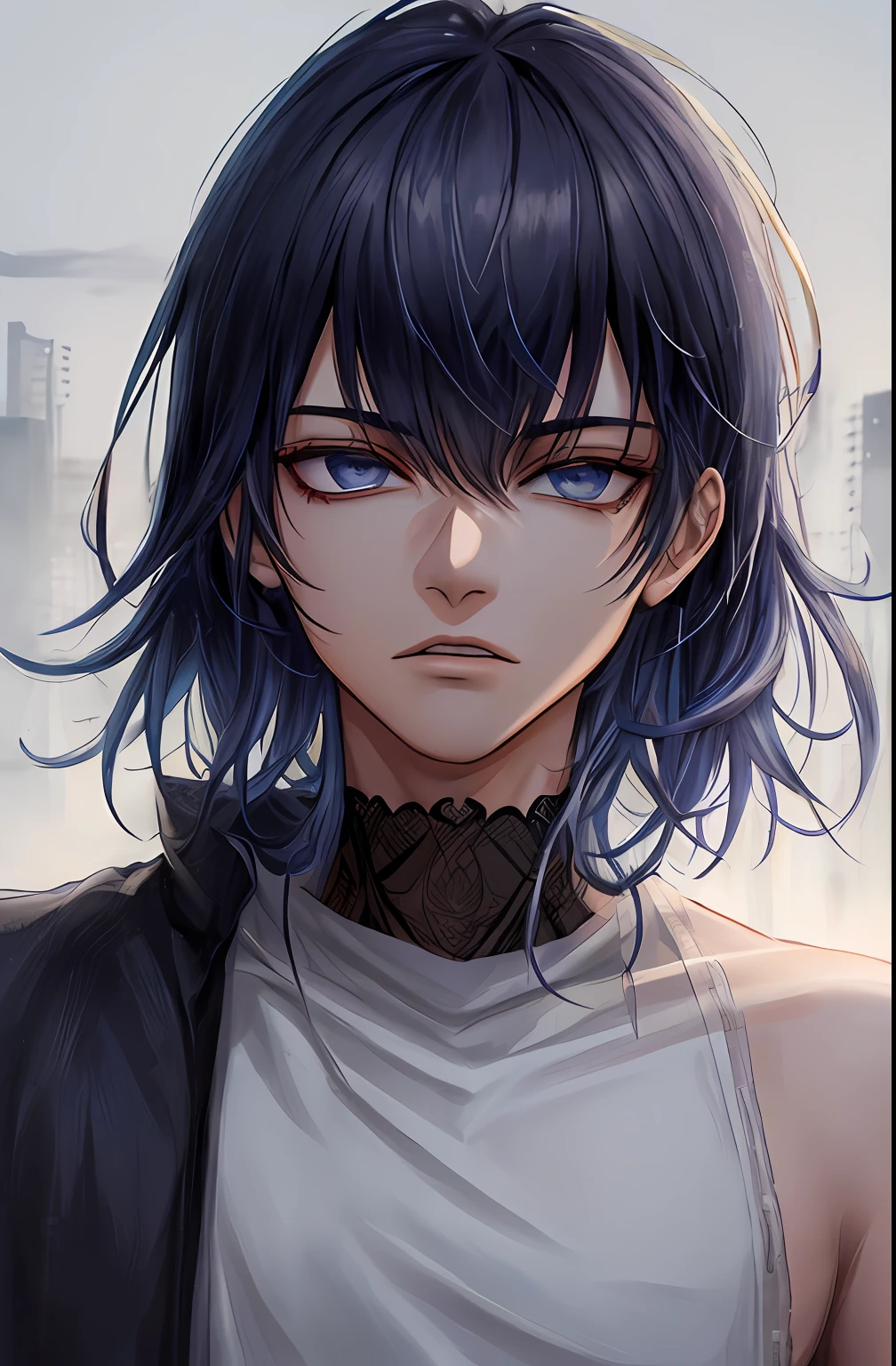 kk, melhor qualidade, mais detalhes, obra-prima, 1boy, kaneki ken, retrato, foco masculino, olhos vermelhos, solo, franja, olhando para o espectador, capuz, sword, cabelo curto, chuva, tokyo tokyo \(cidade\), capuz, nail polish, cabelo branco, luxuoso, 8k, detalhado, ray tracing, profundidade de campo, cinematic lighthing,