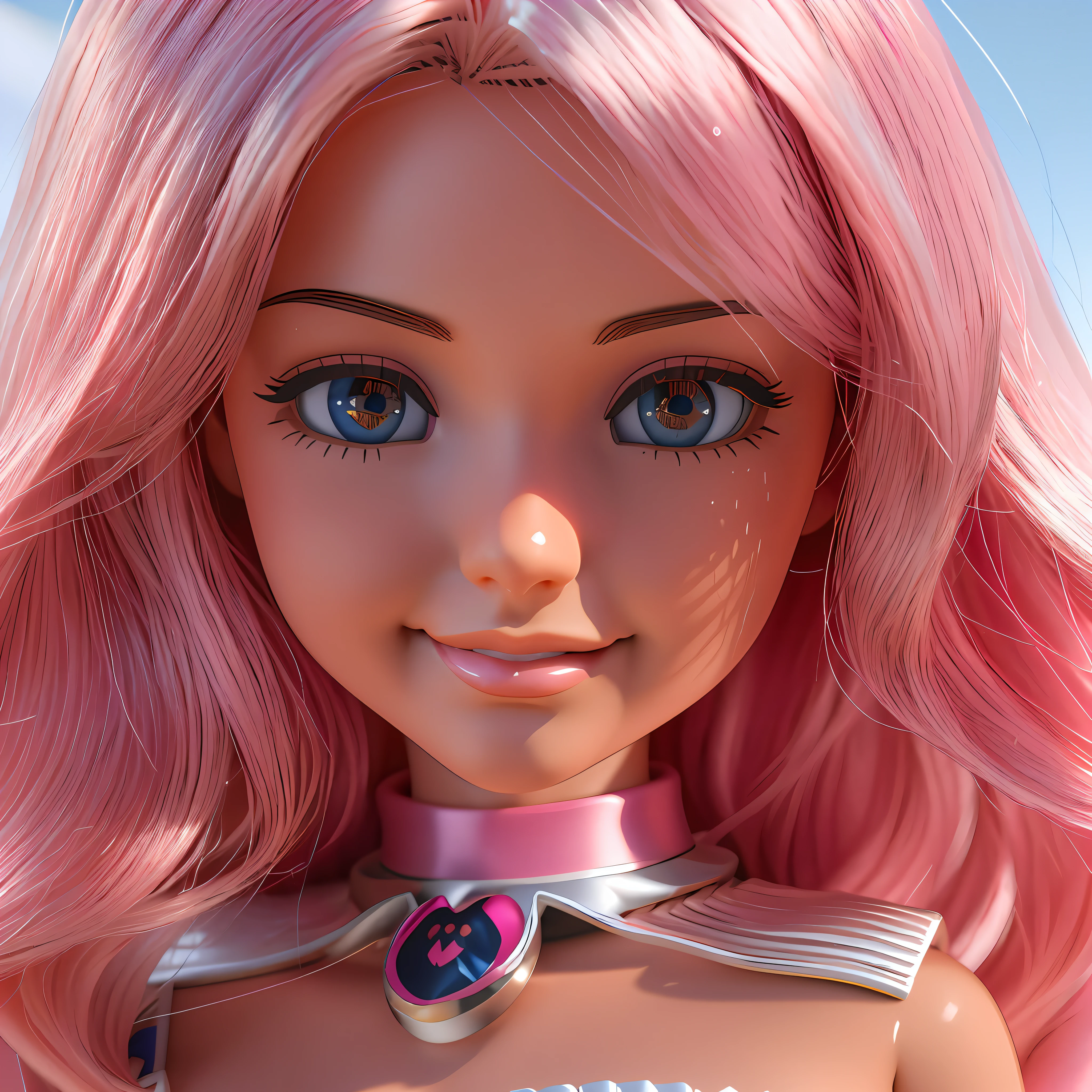 boneca barbie com cabelo rosa e olhos azuis usando um colarinho rosa, linhas precisas, [ olhos perfeitos ], Barbie Ciborgue, render de uma menina anime 3d bonito, boneca barbie anime, Personagem de close up, photorealistic anime girl rendering, Anime estilo 3D, menina ciborgue bonito, 3 d render arte do caractere 8 k, 3 d render stylized, Retrato da boneca Barbie, 3d menina anime, pink iconic character