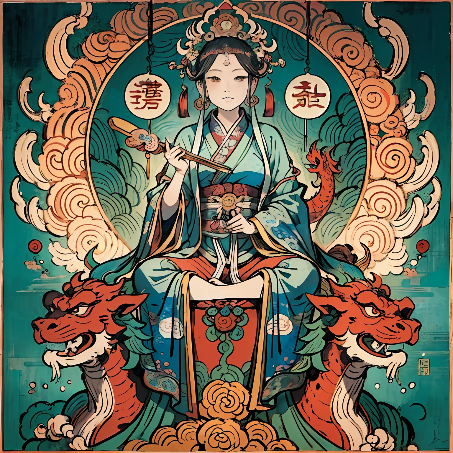 an ancient Chinese goddess, guanyin of the southern seas, Guanyin, Inspired by India, Avalokiteshvara rides a dragon,Serene expression,shui mo hua,Buddha,Buddhist,Lotus,Chinese painting style,Thangka style