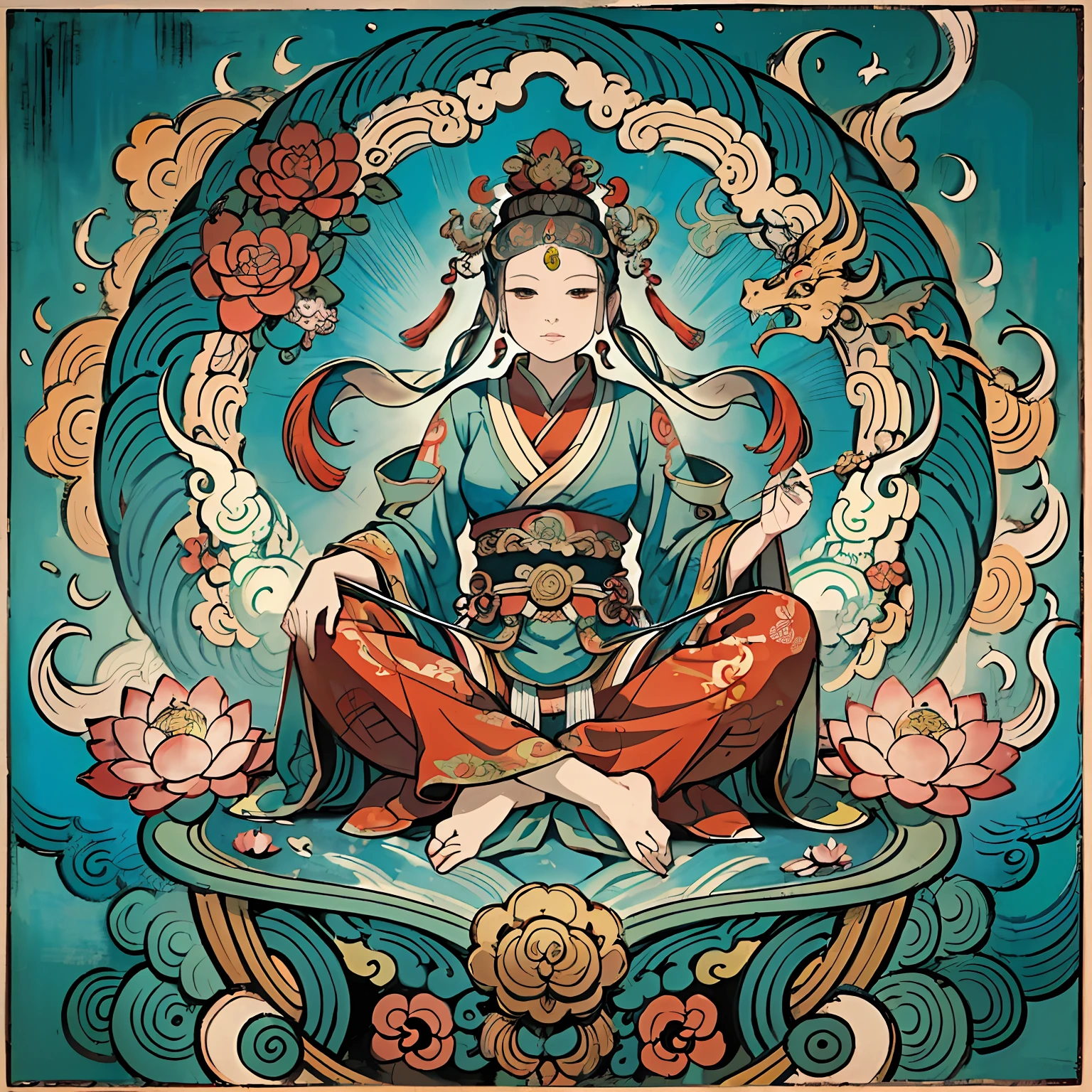 an ancient Chinese goddess, guanyin of the southern seas, Guanyin, Inspired by India, Avalokiteshvara rides a dragon,Serene expression,shui mo hua,Buddha,Buddhist,Lotus,Chinese painting style,Thangka style