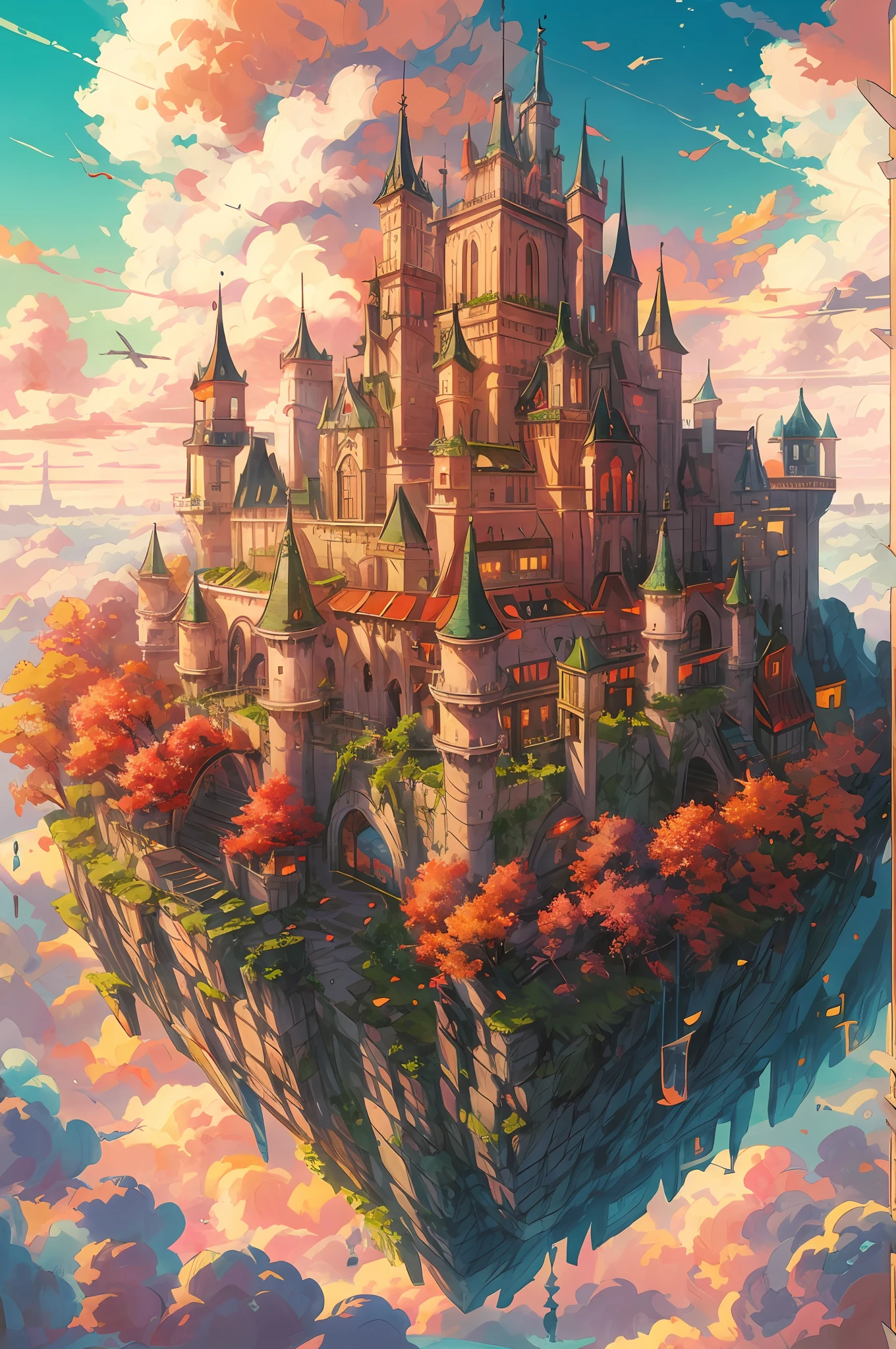 anime castle floating in the sky with a sunset in the background, flying cloud castle, palace floating in the sky, an immense floating castle, castle in the sky, castle in the sky style, flying castle, palace floating in heaven, cloud palace, abandoned castle in the sky, beautiful detailed fantasy, fantasy castle, high fantasy castle, floating palace