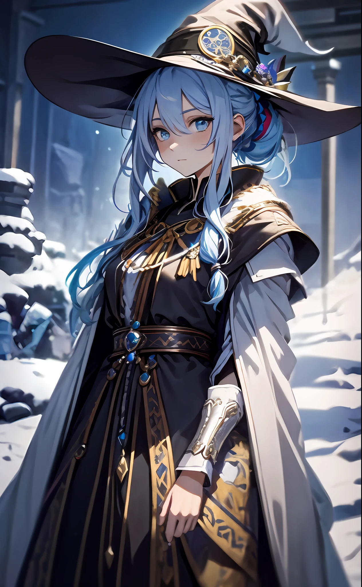 best qualityer，tmasterpiece，Ultimate resolution，downy，Extremely colorful，Colorful，The Witch，Long silver-blue hair，Ponytail braid，hair-bun，a matural female，Royal sister，Witch robes，Magic Hat，snow country，Lost Syracuse，Blue-Ice，Normal posture