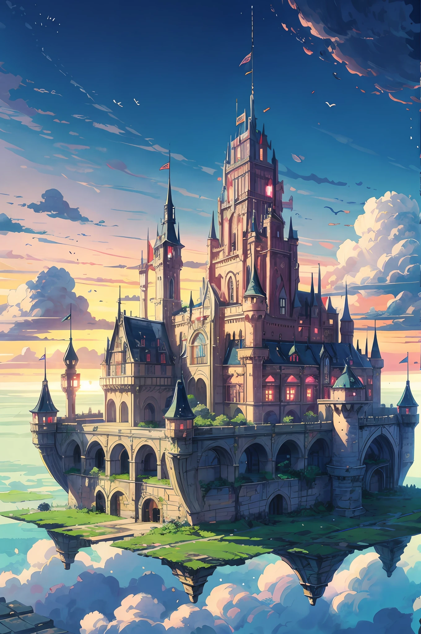 anime castle floating in the sky with a sunset in the background, flying cloud castle, palace floating in the sky, an immense floating castle, castle in the sky, castle in the sky style, flying castle, palace floating in heaven, cloud palace, abandoned castle in the sky, beautiful detailed fantasy, fantasy castle, high fantasy castle, floating palace