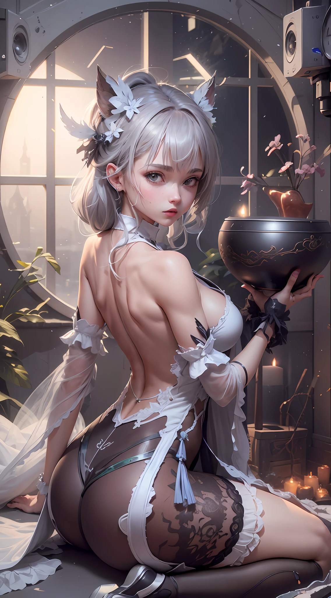 ((best qualtiy)), ((tmasterpiece)), (the detail:1.4), 3D, A beautiful cyberpunk female image,hdr(HighDynamicRange),Ray traching,NVIDIA RTX,Hyper-Resolution,Unreal 5,Subsurface scattering、PBR Texture、post-proces、Anisotropy Filtering、depth of fields、maximum definition and sharpness、Many-Layer Textures、Albedo e mapas Speculares、Surface coloring、Accurate simulation of light-material interactions、perfectly proportions、rendering by octane、Two-colored light、largeaperture、Low ISO、White balance、the rule of thirds、8K raw data、((best qualtiy)), ((tmasterpiece)), (the detail:1.4), Busty body 3D,Front fill light,hdr(HighDynamicRange),Ray traching,NVIDIA RTX,Hyper-Resolution,Unreal 5,Subsurface scattering、PBR Texture、post-proces、Anisotropy Filtering、depth of fields、maximum definition and sharpness、Many-Layer Textures、Albedo e mapas Speculares、Surface coloring、Accurate simulation of light-material interactions、perfectly proportions、rendering by octane、Two-colored light、largeaperture、Low ISO、White balance、the rule of thirds、8K raw data、Raised translucent top, Smaller top, Smaller white lace shorts, Raised, Mature feminization, Flattering eyes, White lace translucent top,Flat naked abdomen, Snow-white thighs, White lace stockings, Bare arms, Mature charm deep V open neck, Long reddish-brown shiny hair, White lace translucent shorts perfect body 9 head body beauty