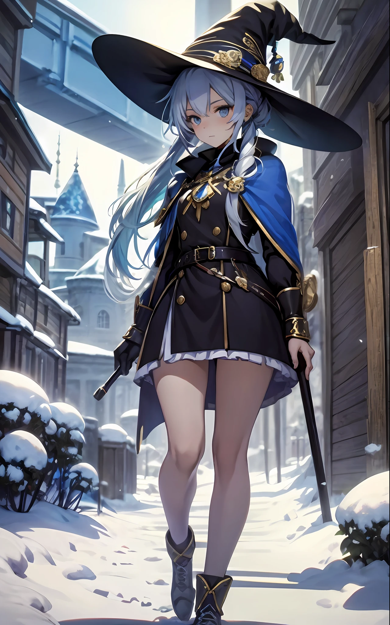 best qualityer，tmasterpiece，Ultimate resolution，downy，Extremely colorful，Colorful，The Witch，Long silver-blue hair，hair-bun，a matural female，Witch long-distance running，Magic Hat，Golden Hoop Stick，snow country，Lost snow，Normal posture