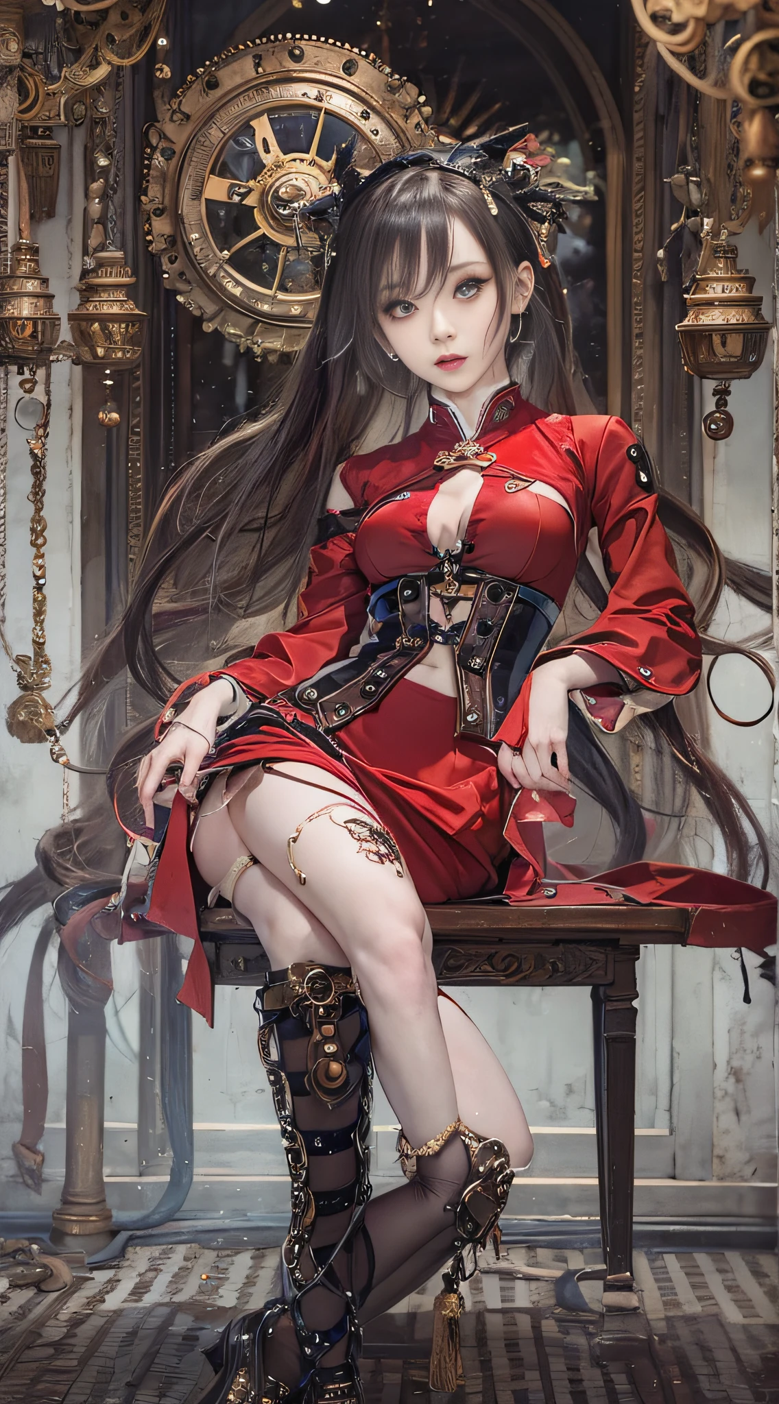 Sexy 21 year old cool Korean posing in red cheongsam and black garter, chinese clothes,, The beauty of steampunk anime, a steampunk beautiful goddess, Jeizuo, magnifica, viewer, Realistis, Full body camera view, Kneeling, Squatting, Bold, tall, Forced real water, See-through mini shirt with less white fabric, White see-through string, Less steampunk, Very detailed, Beautiful eyes of cosplay details, long eyelashes, Nice double eyelids, eye shadow, Narrow eyes, Three white eyes, Dark Eye Makeup, Evil smile, Thin, Beautiful legs, Tie short hair back, Bad face, Rolling eyes, Blushing, water running in mouth, Sticky tongue, Vaginal orchid, Vaginal discharge, Squirting, (((Very small breasts))), Grasp your breasts with both hands, Spread legs, sexual excitement, Sex Expressions, Bare skin