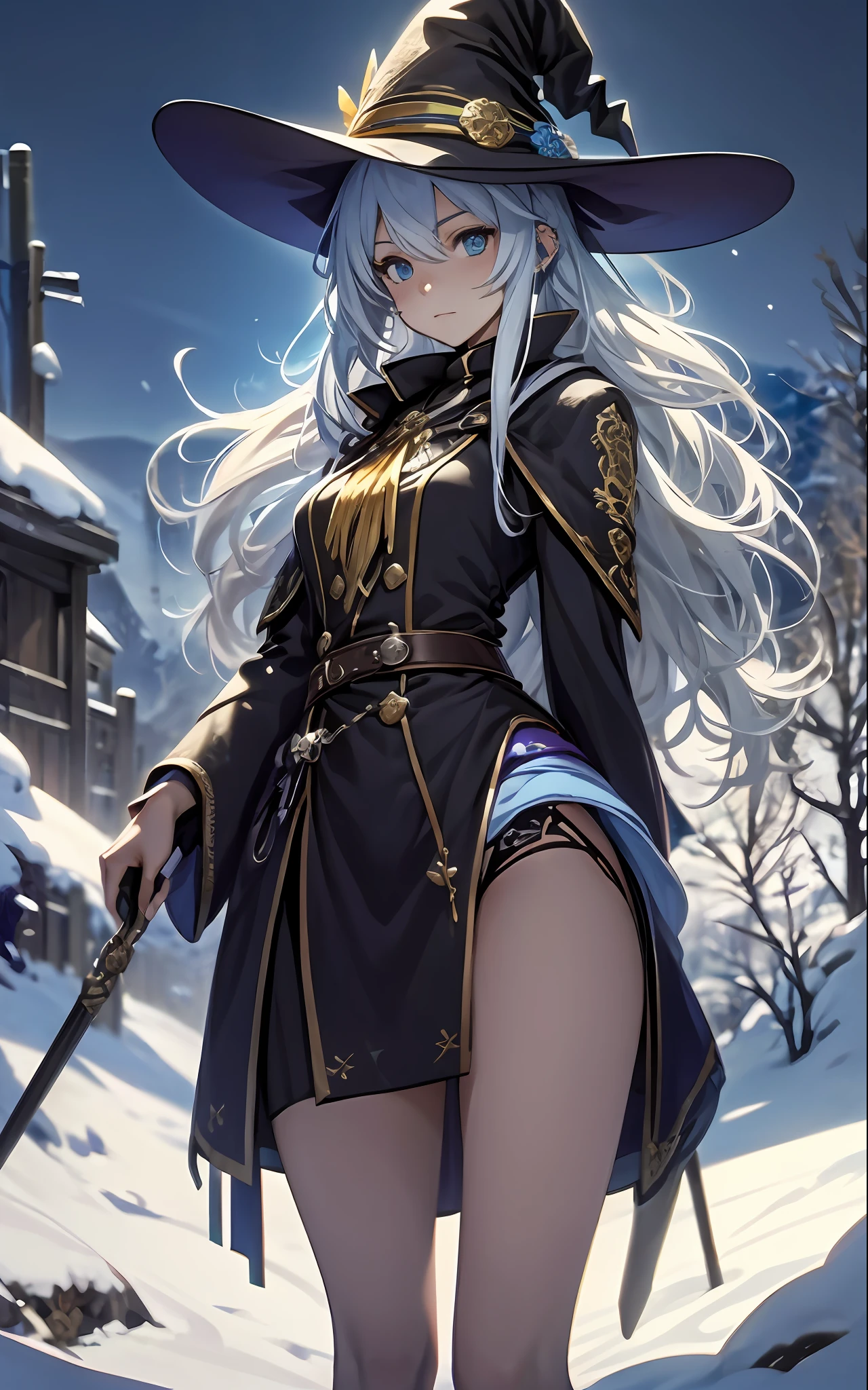 best qualityer，tmasterpiece，Ultimate resolution，downy，Extremely colorful，Colorful，The Witch，Long silver-blue hair，hair-bun，a matural female，Witch long-distance running，Magic Hat，Golden Hoop Stick，snow country，Lost snow，Normal posture