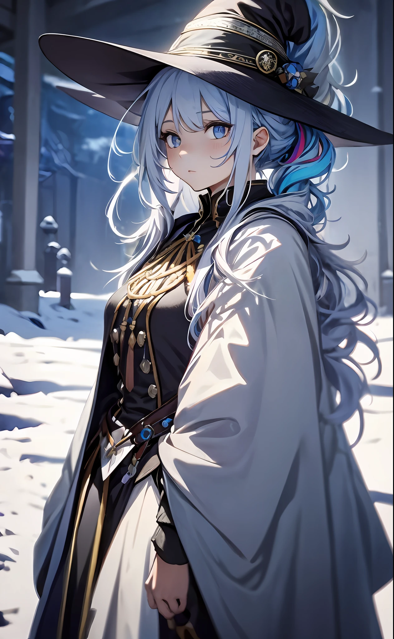 best qualityer,tmasterpiece,Ultimate resolution,downy,Extremely colorful,Colorful,The Witch,Long silver-blue hair,Ponytail braid,hair-bun,a matural female,Royal sister,Witch robes,Magic Hat,snow country,Lost Syracuse,Blue-Ice,Normal posture