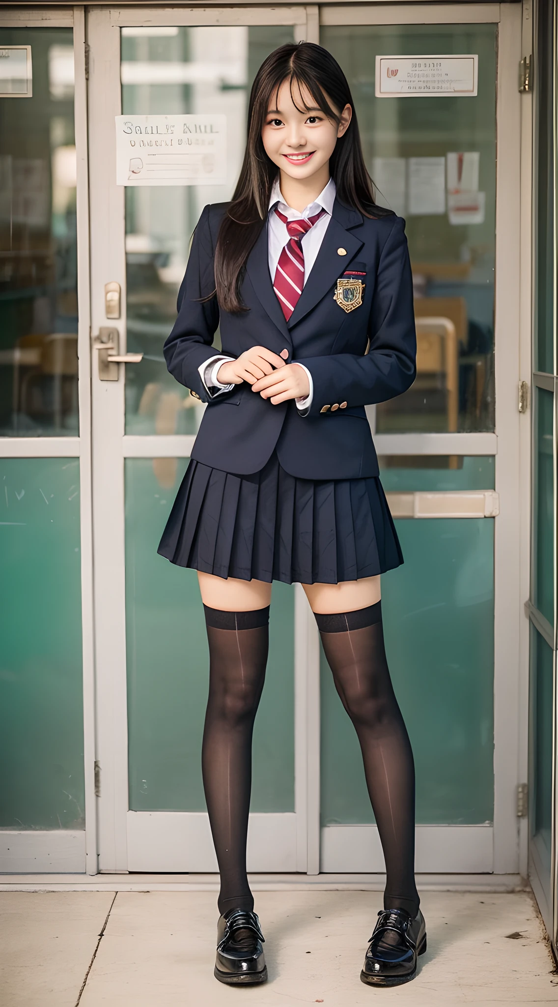 1girl, Cute, Black-haired, 14 years old, Smile, Looks pure, School uniform, Photography, Realistic, Best Quality, Detailed face, Full body, slender, Slender legs, Long legs, Wearing thigh-high socks, shoes on, School, classroom