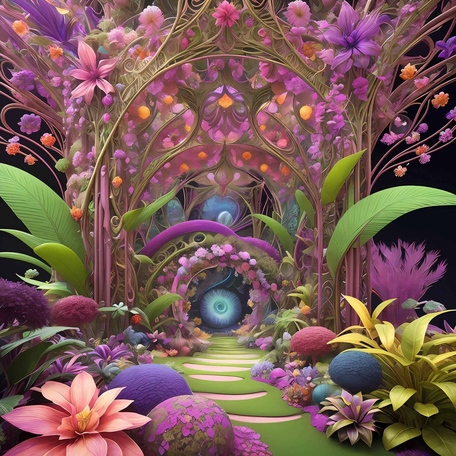 there are many different types of colorful flowers in a display, art nouveau jungle environment, intricate alien botanicals, surreal waiizi flowers, fantasy magical vegetation, intricate plants, art nouveau octane render, botanical fractal structures, very surreal garden, art nouveau 3d curves and swirls, beautiful composition 3 - d 4 k, exotic alien flora, fractal vines