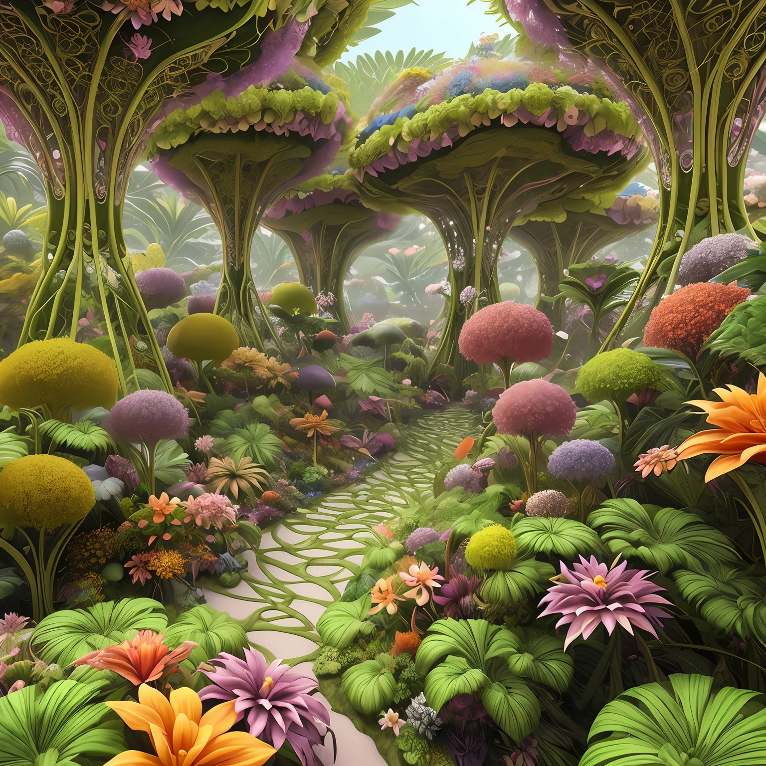 there are many different types of colorful flowers in a display, art nouveau jungle environment, intricate alien botanicals, surreal waiizi flowers, fantasy magical vegetation, intricate plants, art nouveau octane render, botanical fractal structures, very surreal garden, art nouveau 3d curves and swirls, beautiful composition 3 - d 4 k, exotic alien flora, fractal vines