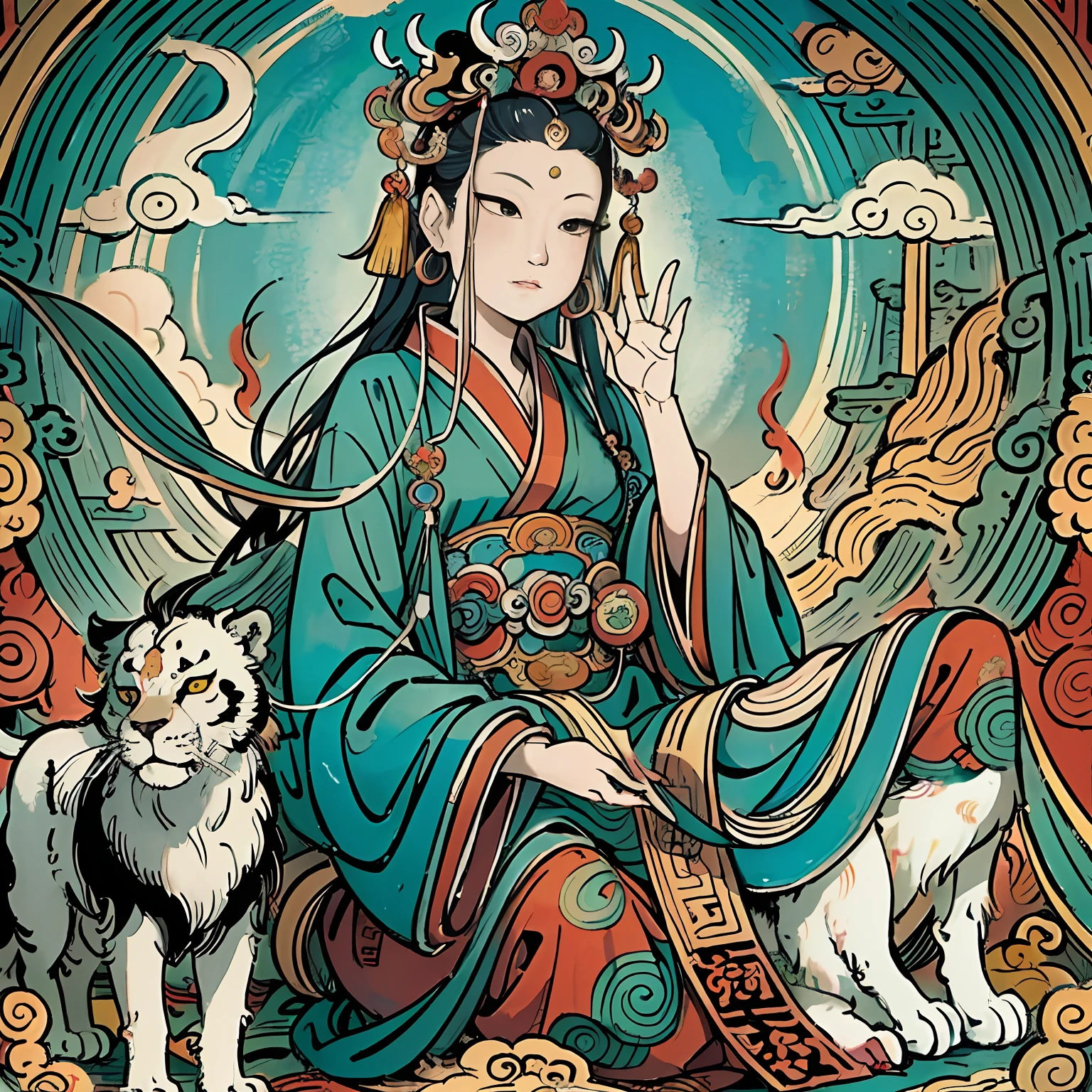 an ancient Chinese goddess, guanyin of the southern seas, Guanyin, Inspired by India, Avalokiteshvara rides a lion,Serene expression,shui mo hua,Buddha,Buddhist,Lotus,Chinese painting style,Thangka style