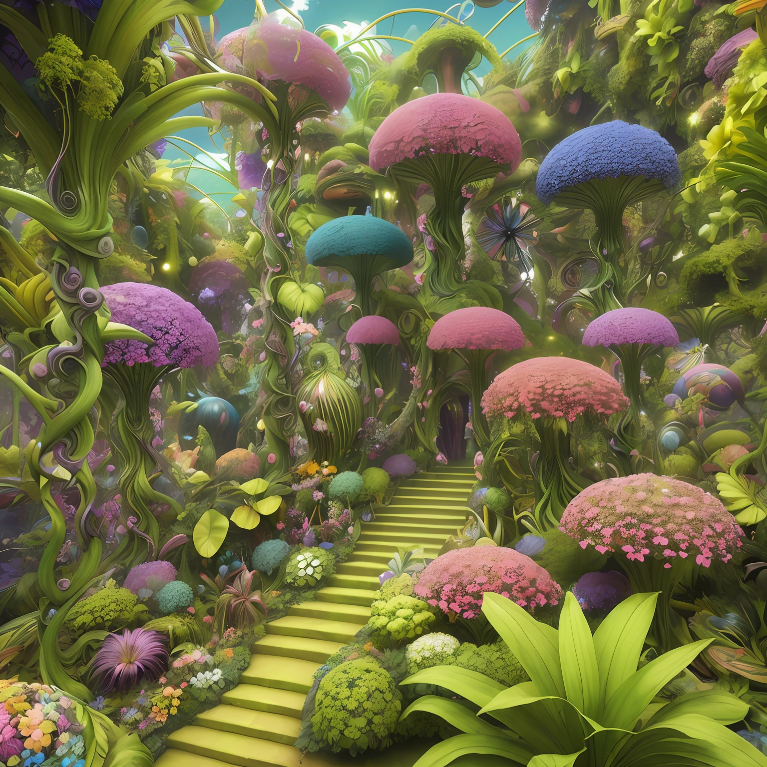 there are many different types of colorful flowers in a display, art nouveau jungle environment, intricate alien botanicals, surreal waiizi flowers, fantasy magical vegetation, intricate plants, art nouveau octane render, botanical fractal structures, very surreal garden, art nouveau 3d curves and swirls, beautiful composition 3 - d 4 k, exotic alien flora, fractal vines