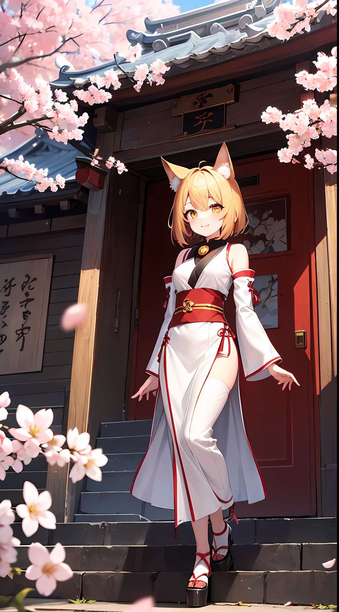 masterpiece, best quality, 1girl, yellow eyes, medium hair, stairs, cherry blossoms, temple, fox girl, detached sleeves, animal ears, happy, arms behind back,