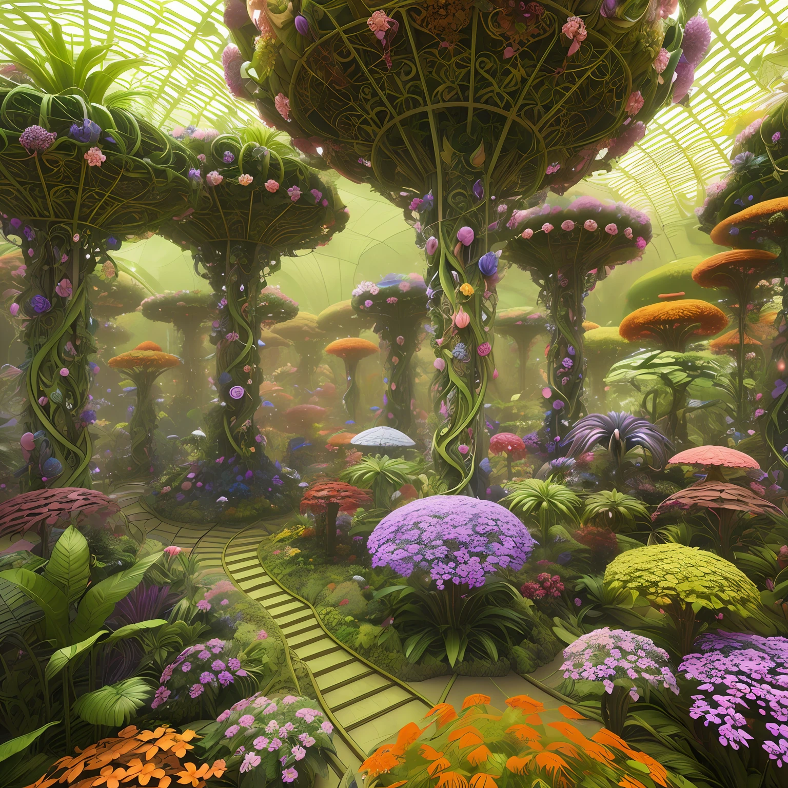 there are many different types of colorful flowers in a display, art nouveau jungle environment, intricate alien botanicals, surreal waiizi flowers, fantasy magical vegetation, intricate plants, art nouveau octane render, botanical fractal structures, very surreal garden, art nouveau 3d curves and swirls, beautiful composition 3 - d 4 k, exotic alien flora, fractal vines