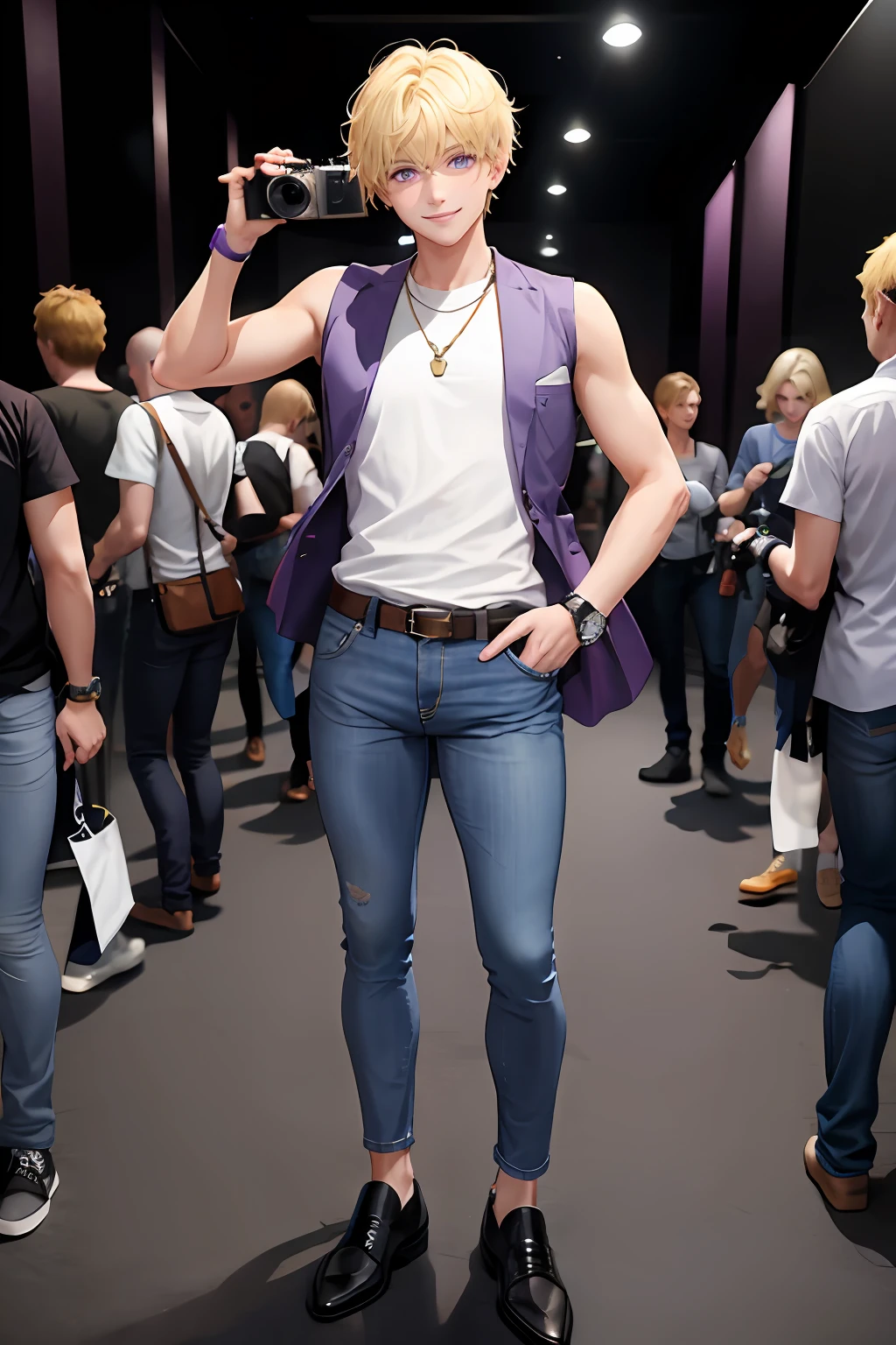 1boy, blonde hair, holding camera, full body, male focus, jeans, purple eyes, shirt, shoes, smile, solo, standing, watch, wristband, wristwatch, sleeveless vest, reporter, photographer, age 22