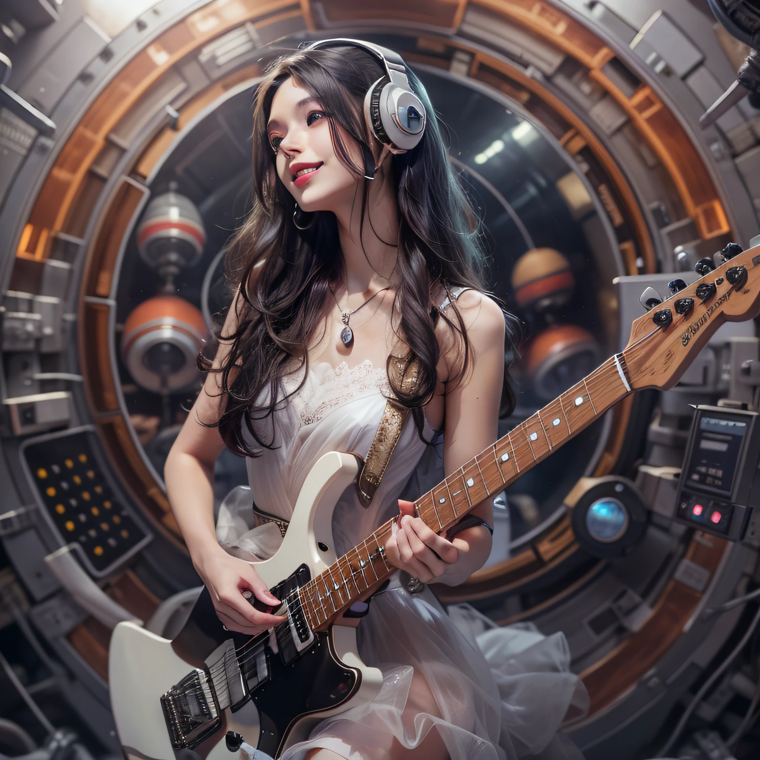 Enchanted woman happy to raise her hand Perfect beauty Beautiful white skin Beautiful eyes Lustrous lips lovely smile Wearing a sleeveless dress that sticks to the body holding an electric guitar Functional head phone Inside the spacecraft