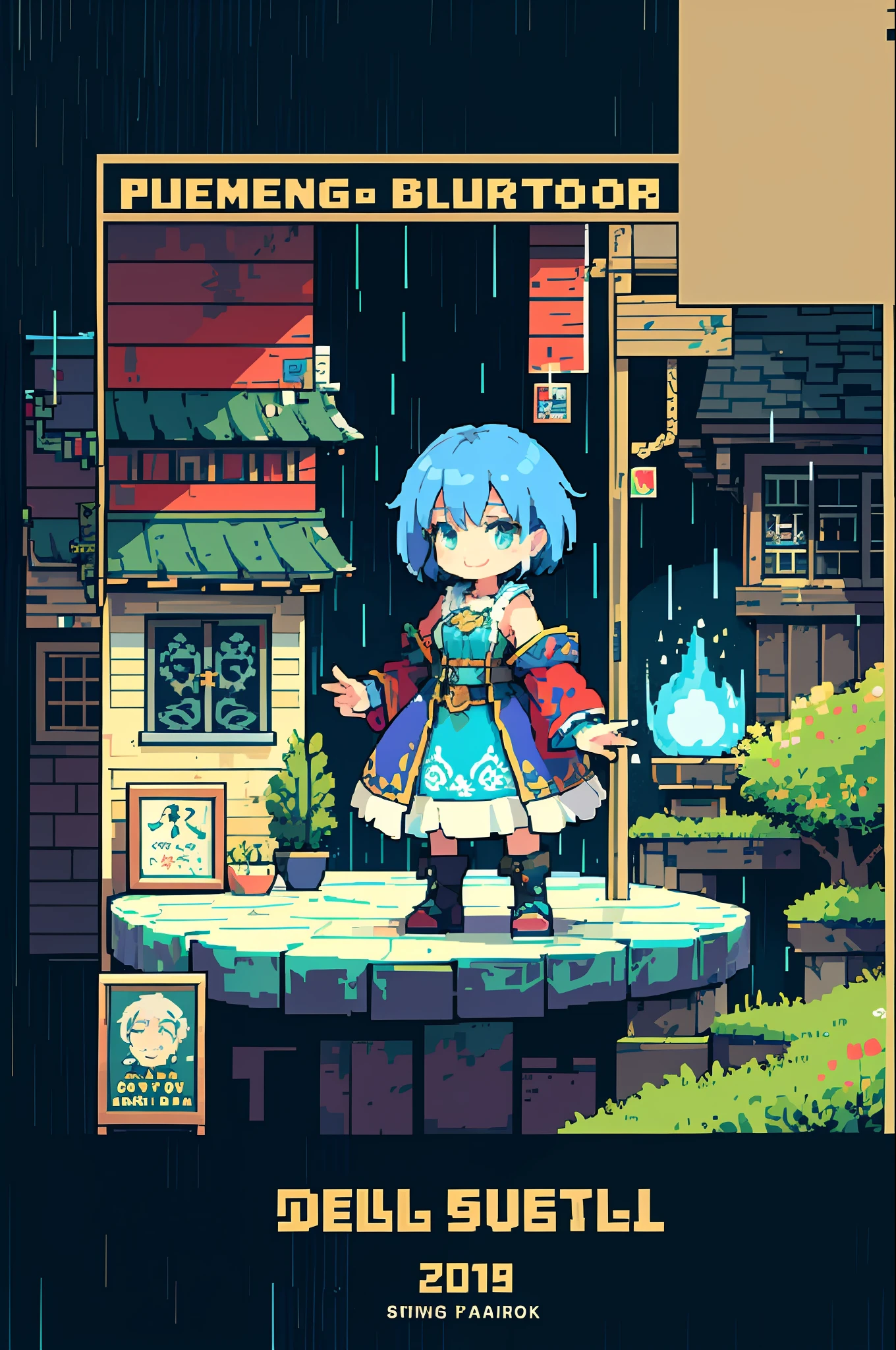 pixel, pixel art, 1girl, short hair, blue hair, body, smile, cozy, poster, fantasy world, rainy