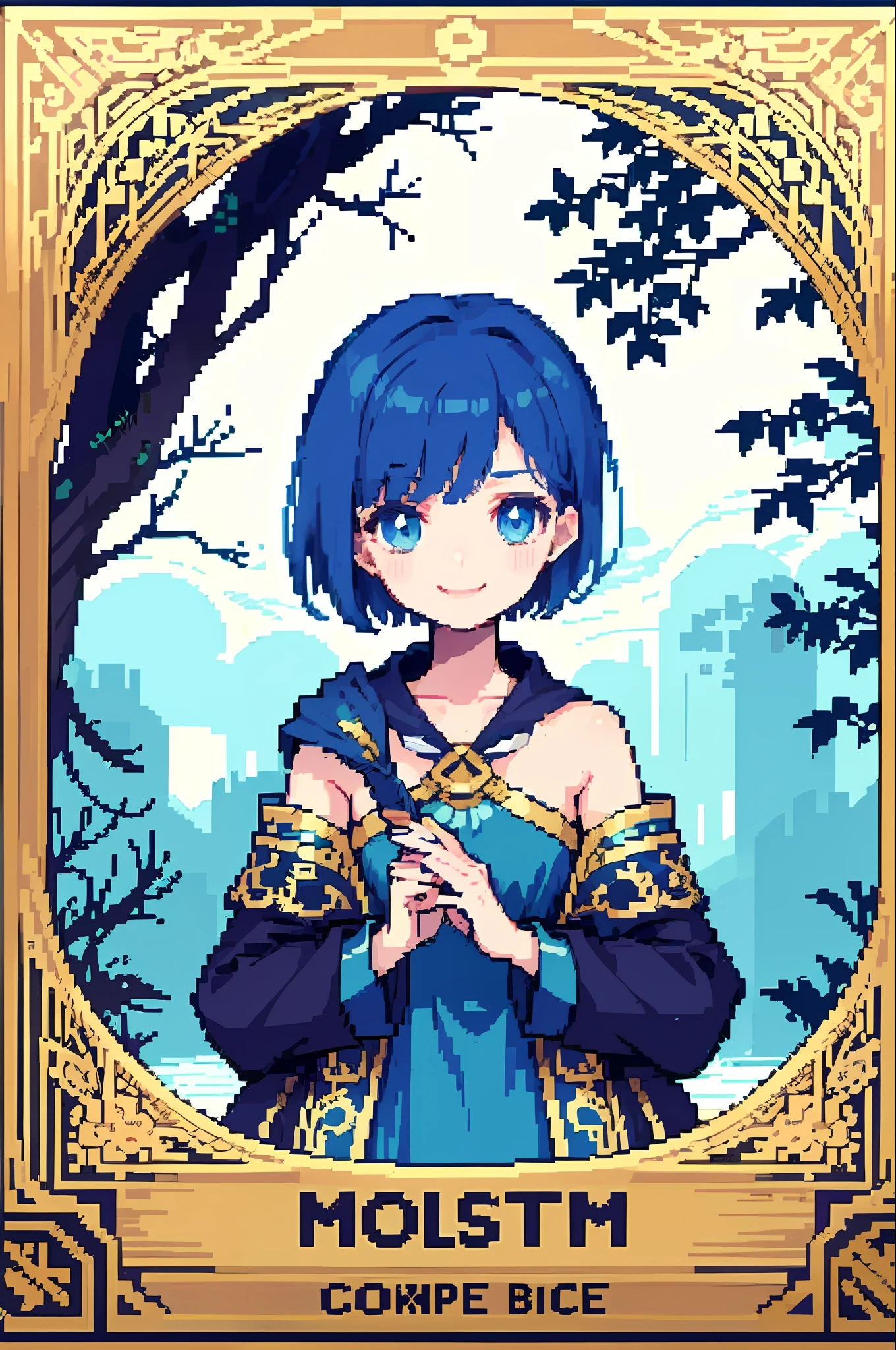 pixel, pixel art, 1girl, short hair, blue hair, body, smile, cozy, poster, fantasy world, rainy