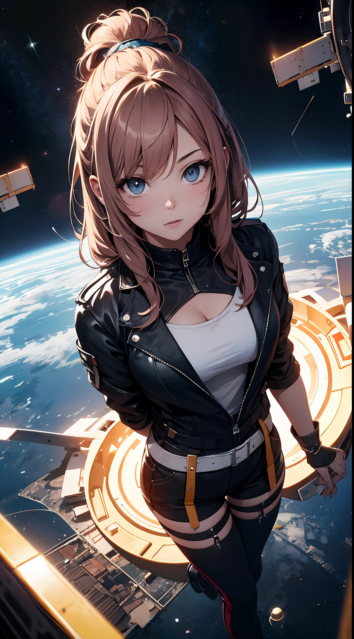 absurd res, high res, (masterpiece:1.4), top quality, ultra-detailed, 1girl, from above, space, floating