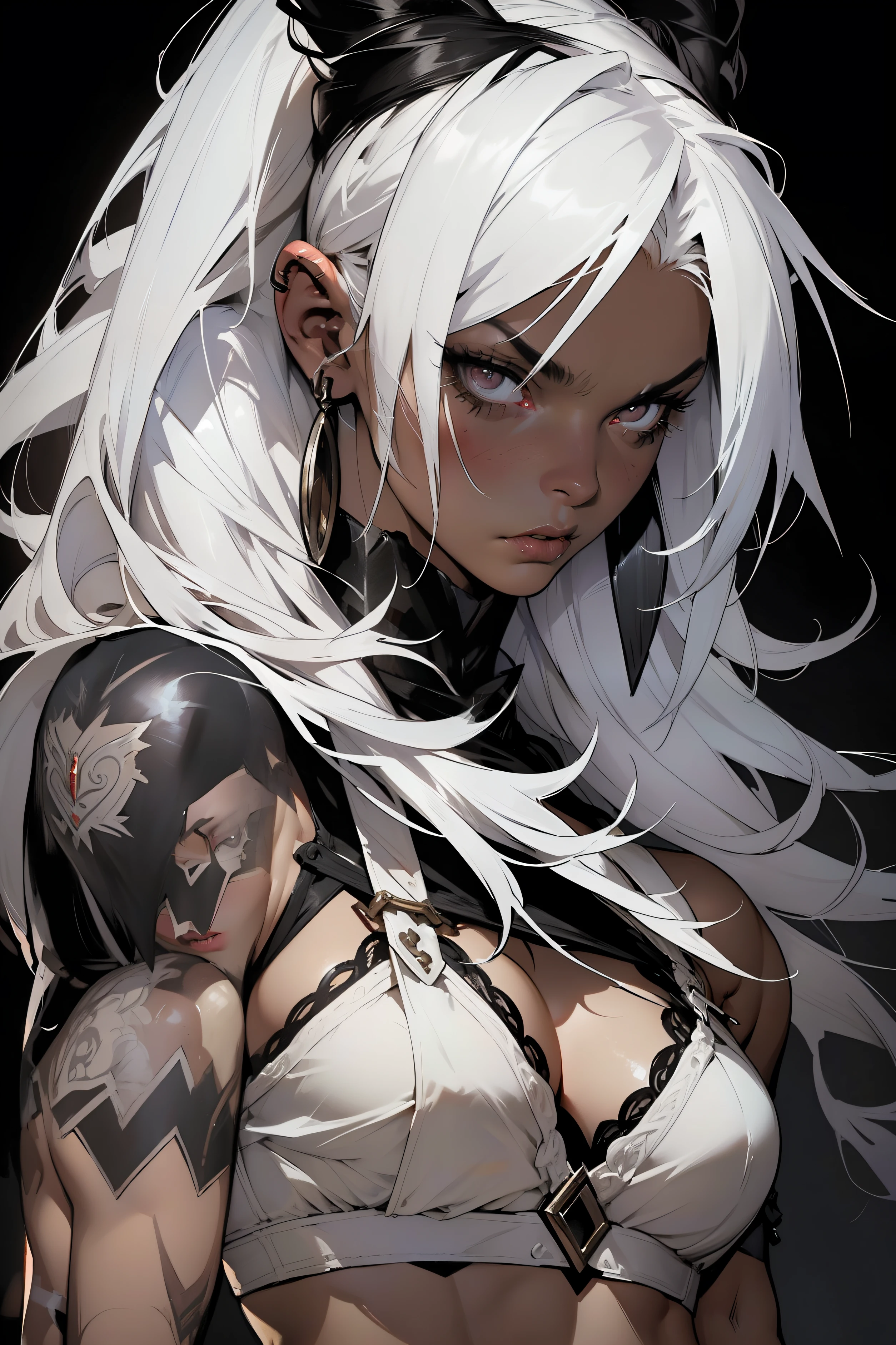 A muscular 35-year-old warrior woman, almost naked in the style of Simon Bisley and with white hair with (((black locks))) and one ((((tiny white lingerie))) made of very hairy sheepskin, cover of Heavy Metal magazine, ((((woman)))