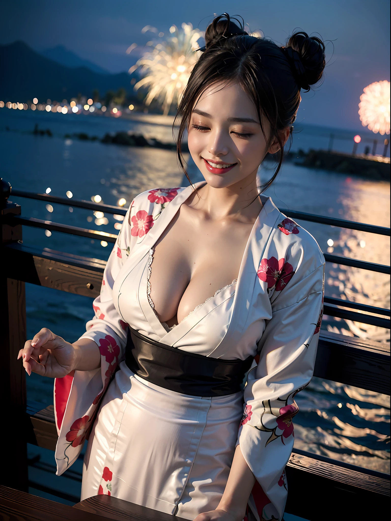 ((top-quality、masterpiece:1.2、8K、portlate、Reality Photography、Beautiful bright dimming))、(((Bewitching beautiful adult woman)))、((cone hair bun、F-cup、Japan kimono))、(shores、Fireworks are going off)((Big smile))、The whole body is reflected、(Eyes closed、kiss face)