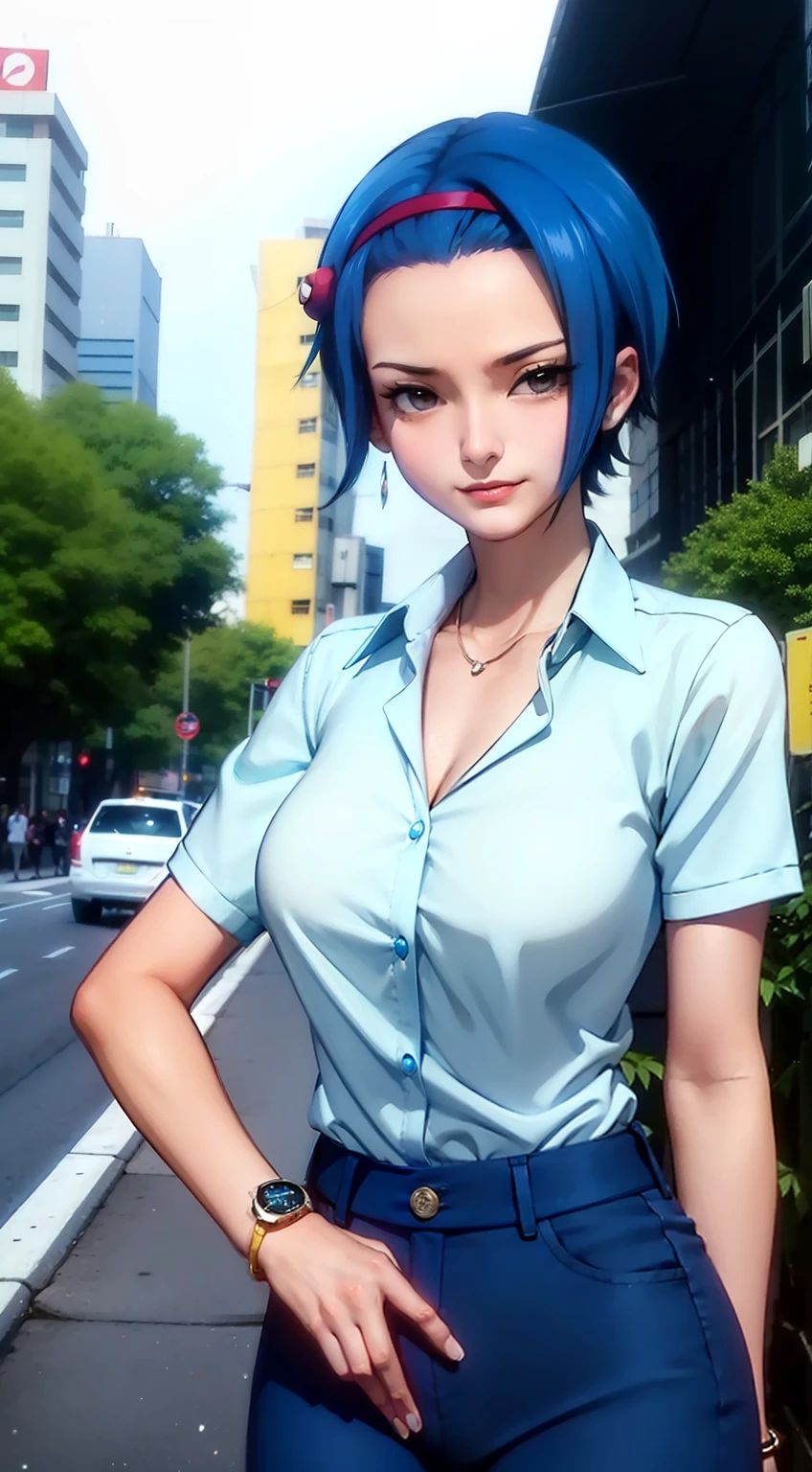 nojiko from anime one piece, short hair, blue hair, beautiful, beautiful woman, wears earrings, wears a watch on her left hand, perfect body, stands, wears a yellow formal shirt, wears a blue formal suit, blue pants, wears clothes formal, looking at the audience, smiling, being in the city of Tokyo, being on the side of the road, in a public place