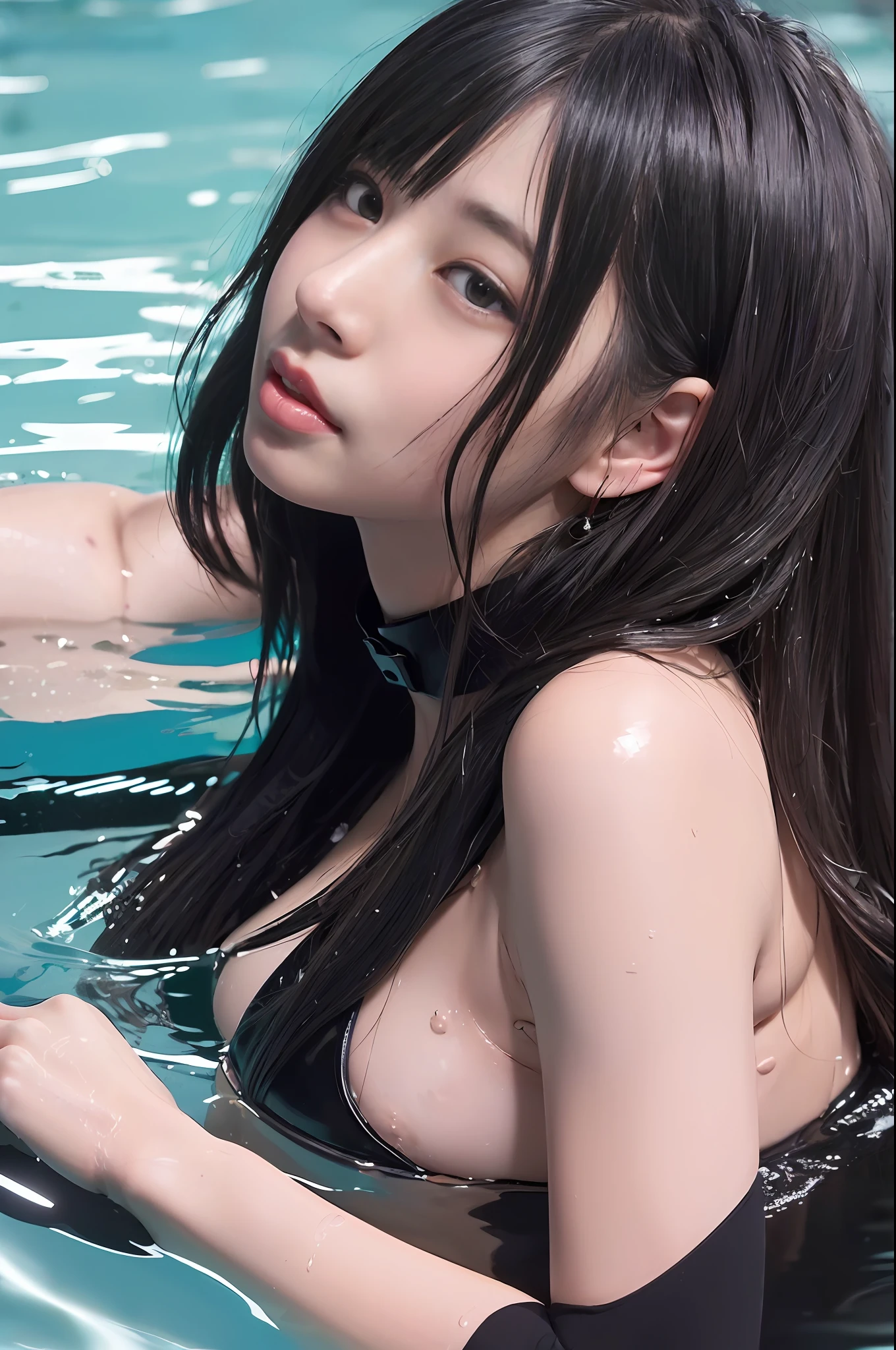 (Hang your neck in a pool of black water:1.5)、(The head is floating:1.5)、(Black image:1.3)、(Sumi-colored water)、absurderes、(Drawn camera viewpoint:1.4)、((top-quality、9 head and bod、masuter pie:1.3))、1、sideshot:1.2、Beautiful Japan woman with slender abs:1.3、cabelos preto e longos、tattoo、Lots of bangs、(small tits:1.2)、(Lying on the water in a black uniform:1.5)、(Wet evenly with ink:1.3)、(Floating in ink: 1.2)、Indoor swimming pool、Super Detailed Face、the detail、二重まぶた