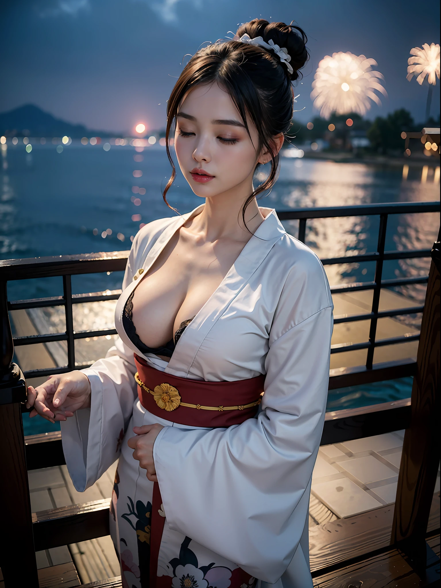 ((top-quality、masterpiece:1.2、8K、portlate、Reality Photography、Beautiful bright dimming))、(((Bewitching beautiful adult woman)))、((cone hair bun、F-cup、Japan kimono))、(shores、Fireworks are going off)、The whole body is reflected、(Eyes closed、Kiss Face)
