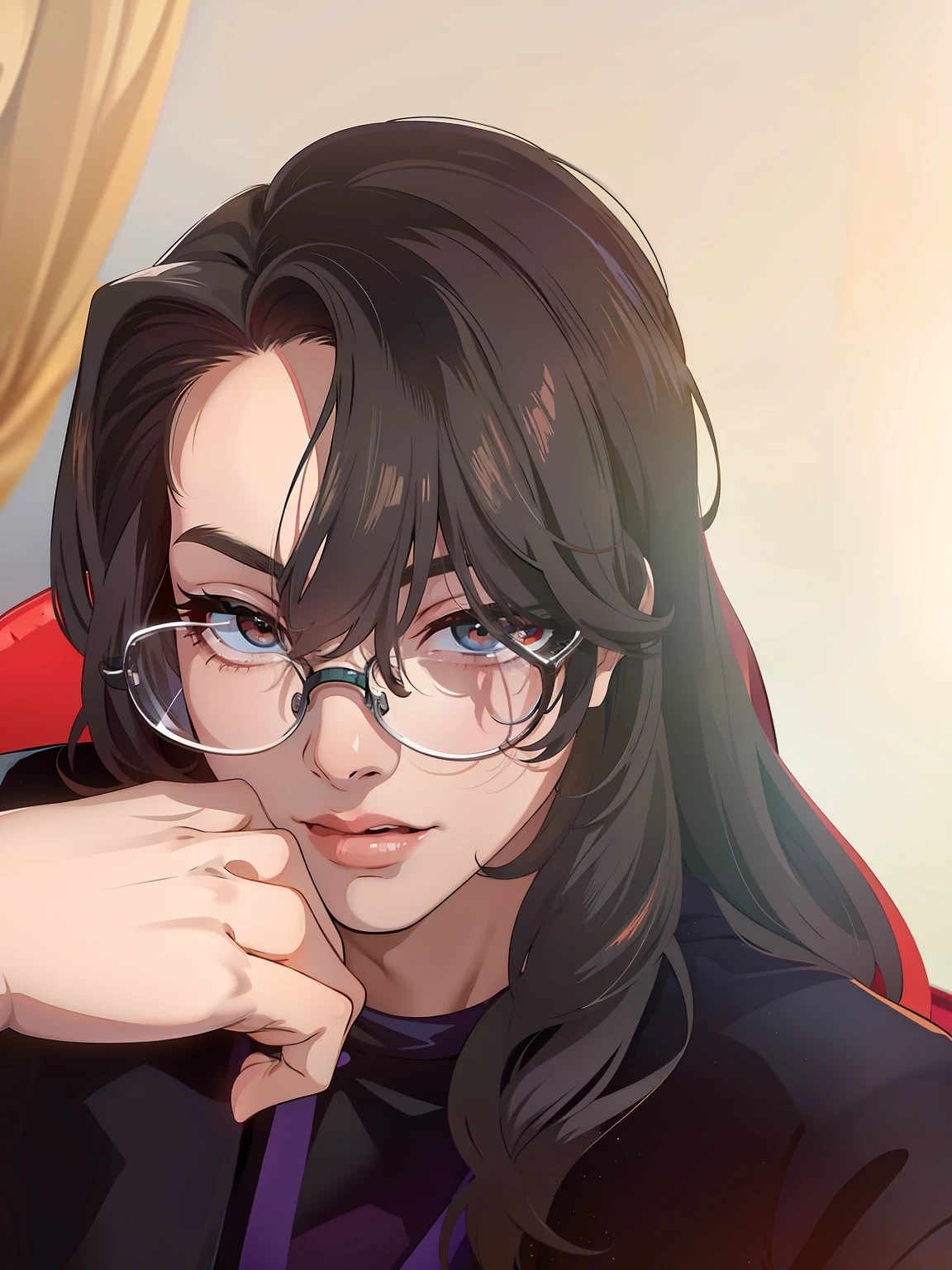 Woman Sitting On Chair,Wearing glasses,Hand on chin,The posture is relaxed and natural。Her face is a bit Jung Jae-hyun、The charm of Sakimikan,The hair is shaped like an avatar picture。The whole picture is filled with the breath of new glass,It feels like a jerking streamer/Player Ludwig is thinking intently。Kim Tae-joon can be added to the background、steven jung、kanliu666、hong june hyung、hyung tae、Cai Xukun and MSXOTO and other elements,Add personality and charm to your pictures。