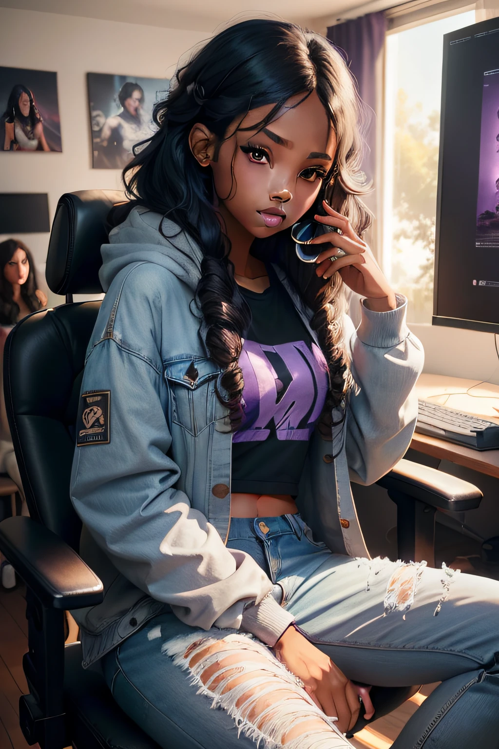 1girl,medium tone skinned, long curly black hair, brown eyes, african american, wearing plain purple hoodie, ripped denim jeans, gaming room, sitting in chair, holding controller, high res, ultrasharp, masterpiece, looking at viewer