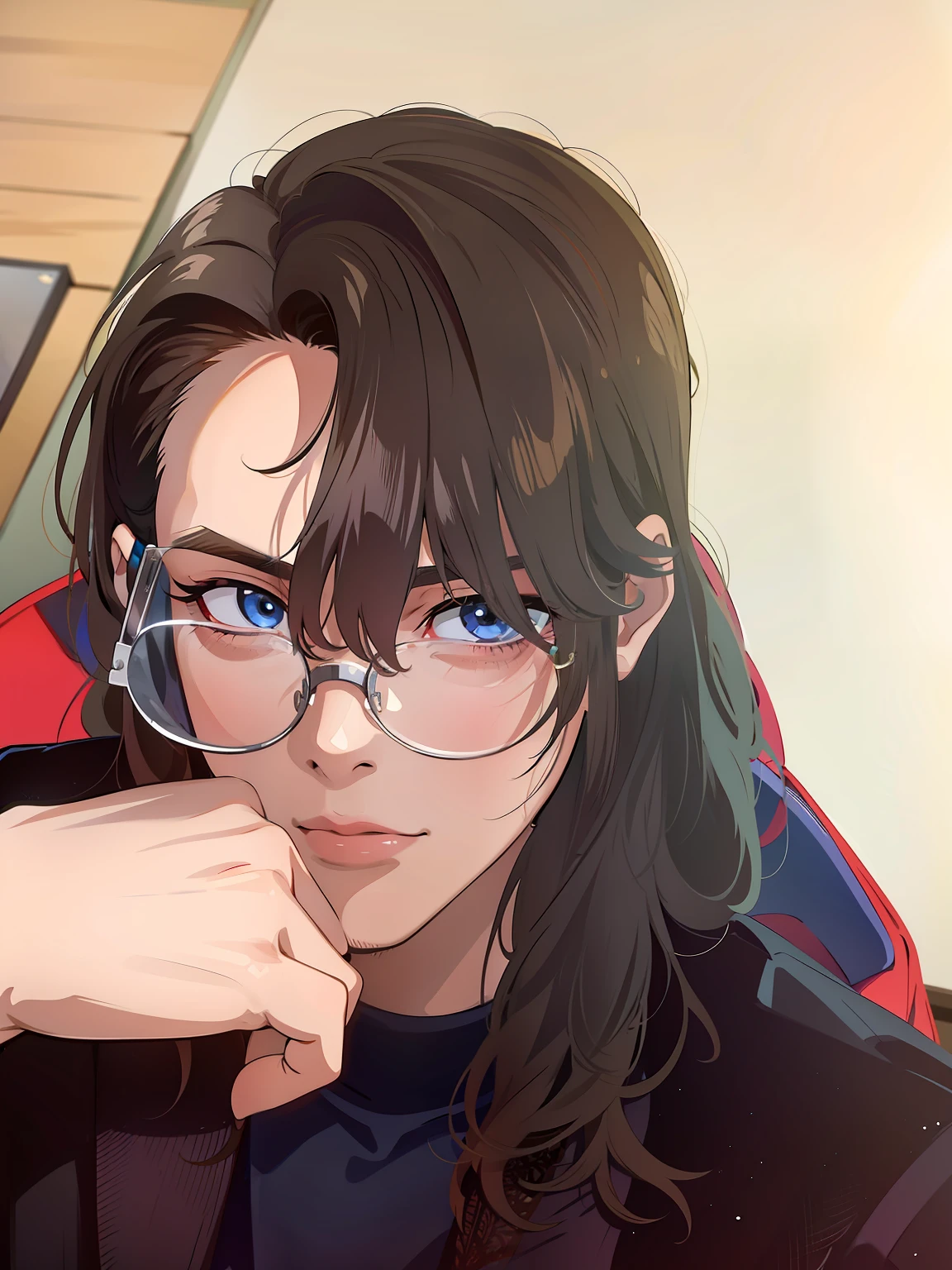 Woman Sitting On Chair,Wearing glasses,Hand on chin,The posture is relaxed and natural。Her face is a bit Jung Jae-hyun、The charm of Sakimikan,The hair is shaped like an avatar picture。The whole picture is filled with the breath of new glass,It feels like a ing streamer/Player Ludwig is thinking intently。Kim Tae-joon can be added to the background、steven jung、kanliu666、hong june hyung、hyung tae、Cai Xukun and MSXOTO and other elements,Add personality and charm to your pictures。